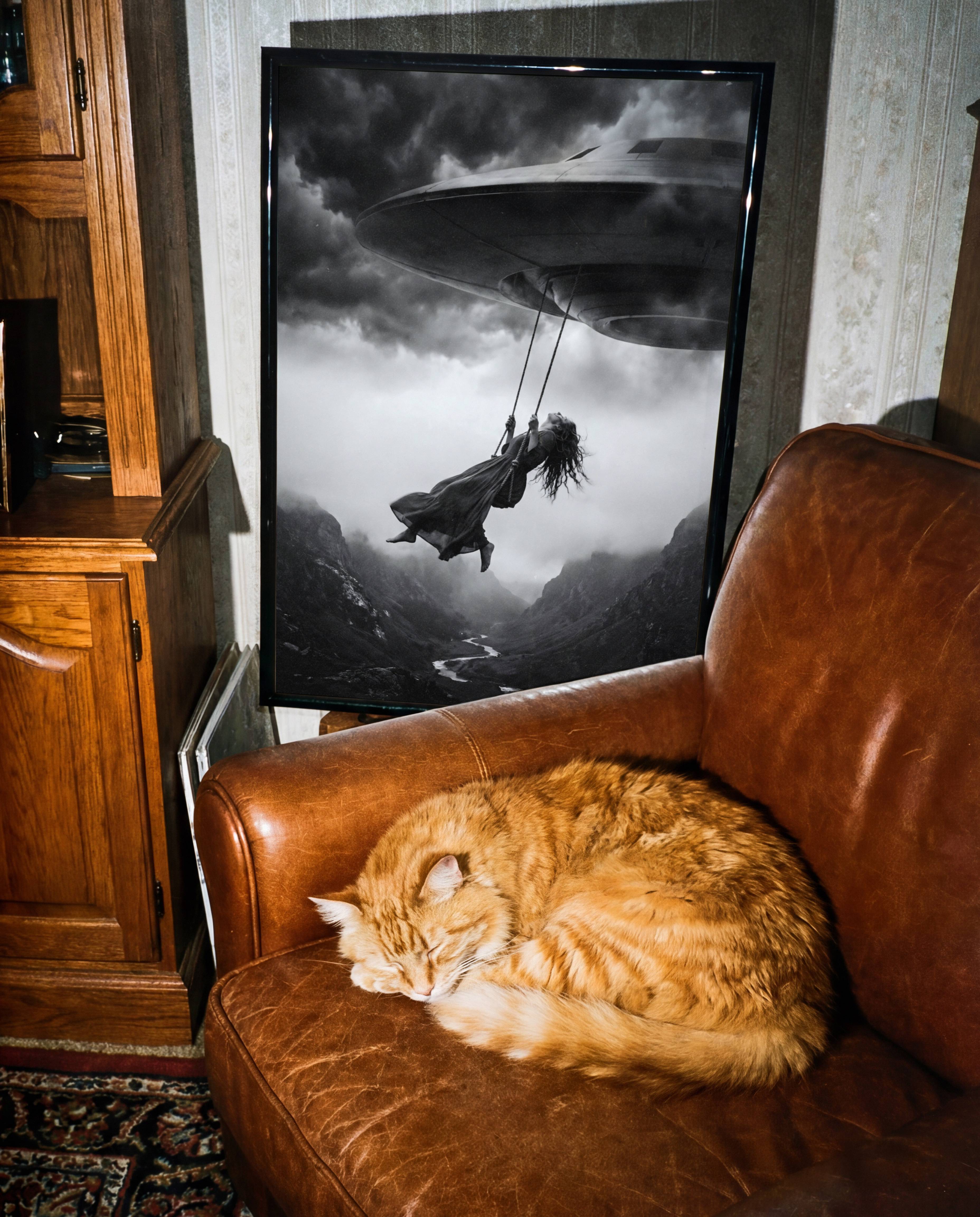 Monochrome surreal art print of a woman on a swing hanging from a UFO above a dramatic valley, displayed in a Scandinavian-style interior, adding cinematic depth and imaginative storytelling to a minimal space.