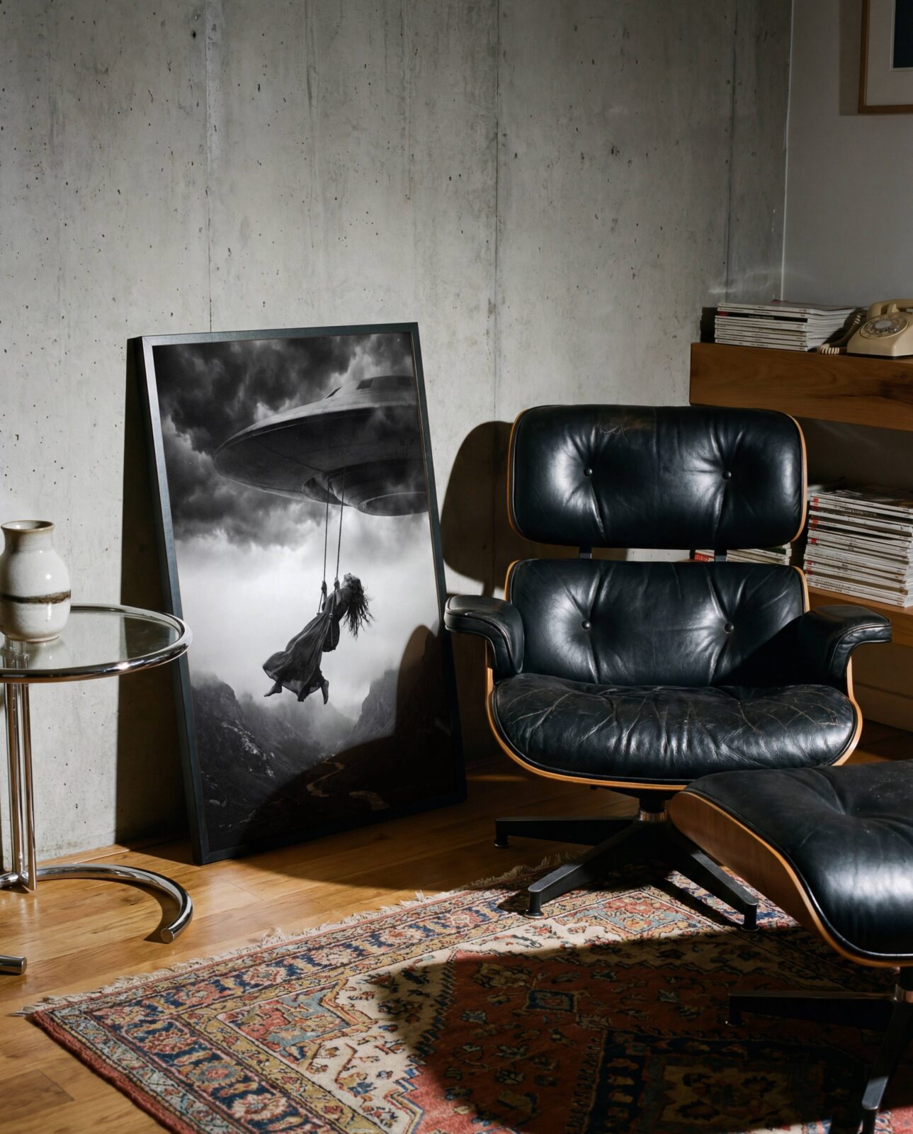 Black and white fine art print of a woman in a flowing dress suspended from a UFO spacecraft on a rope swing high above a mountain canyon, displayed in a study or home library, adding a visually arresting and thought-provoking quality to an intellectual interior.