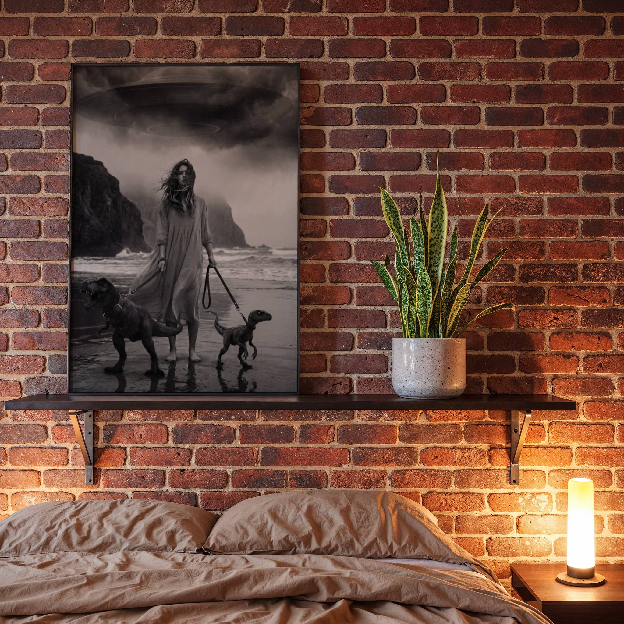 Black and white fine art poster of a woman with hair blown across her face standing on a stormy beach with crashing waves and dark cliffs, displayed in a bedroom setting as a moody and atmospheric wall decoration.
