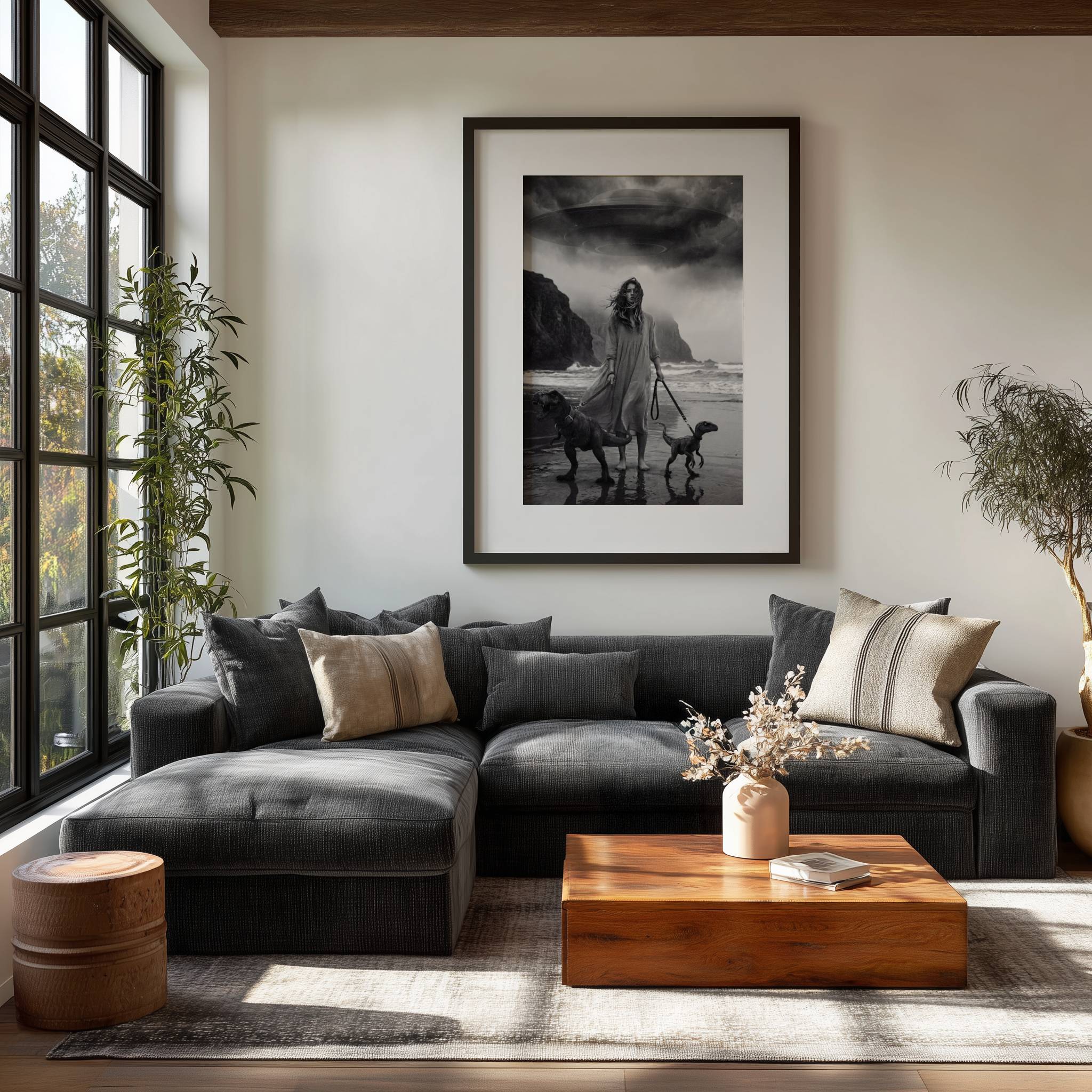 Black and white cinematic art print of a woman in a flowing dress on a wild stormy beach displayed on a living room wall, bringing dramatic atmosphere and fine art quality to a modern interior.