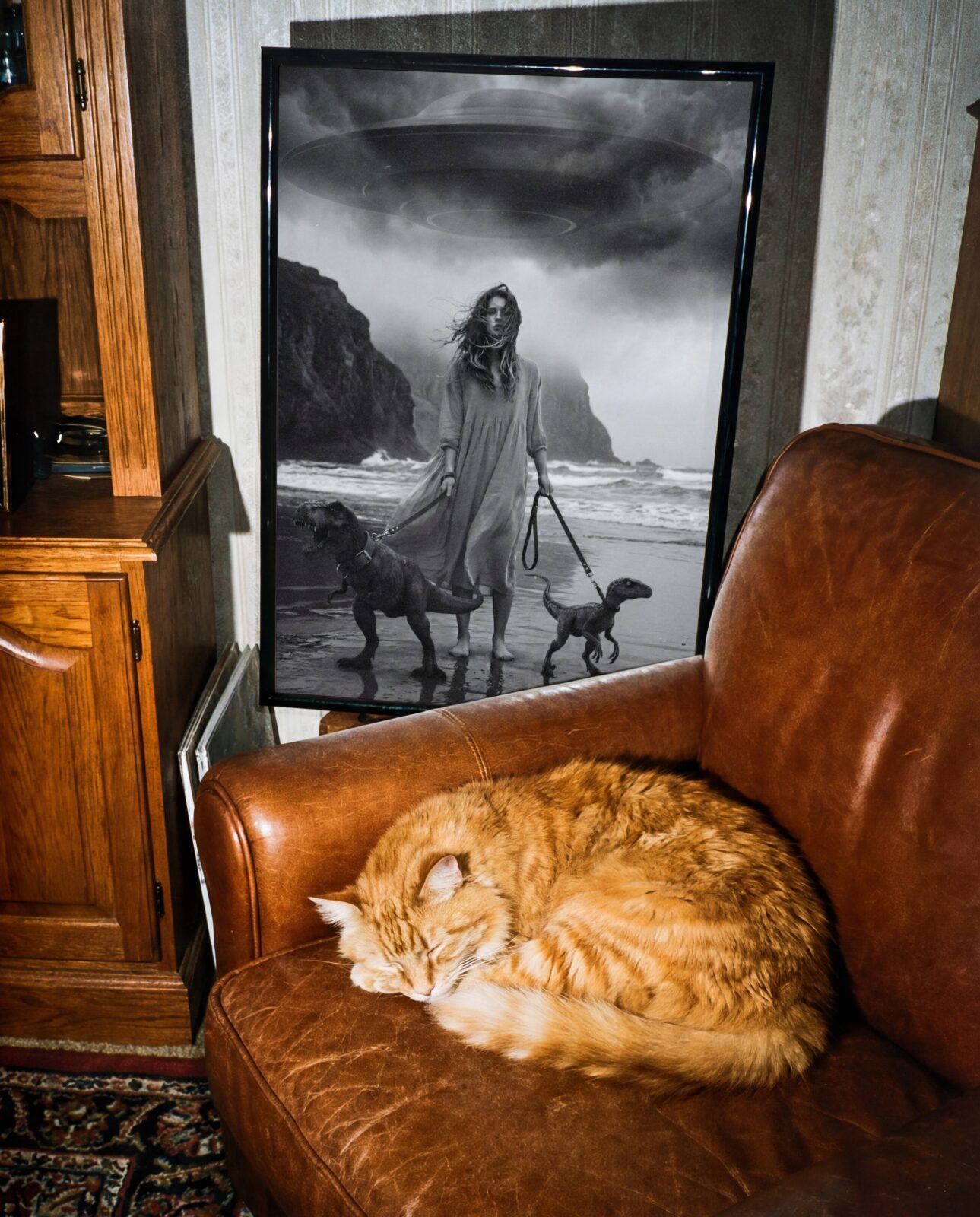 Black and white fine art print of a woman standing on a wild beach with dark cliffs and turbulent waves displayed in a study or home library, adding a brooding and cinematic visual quality to an intellectual interior.