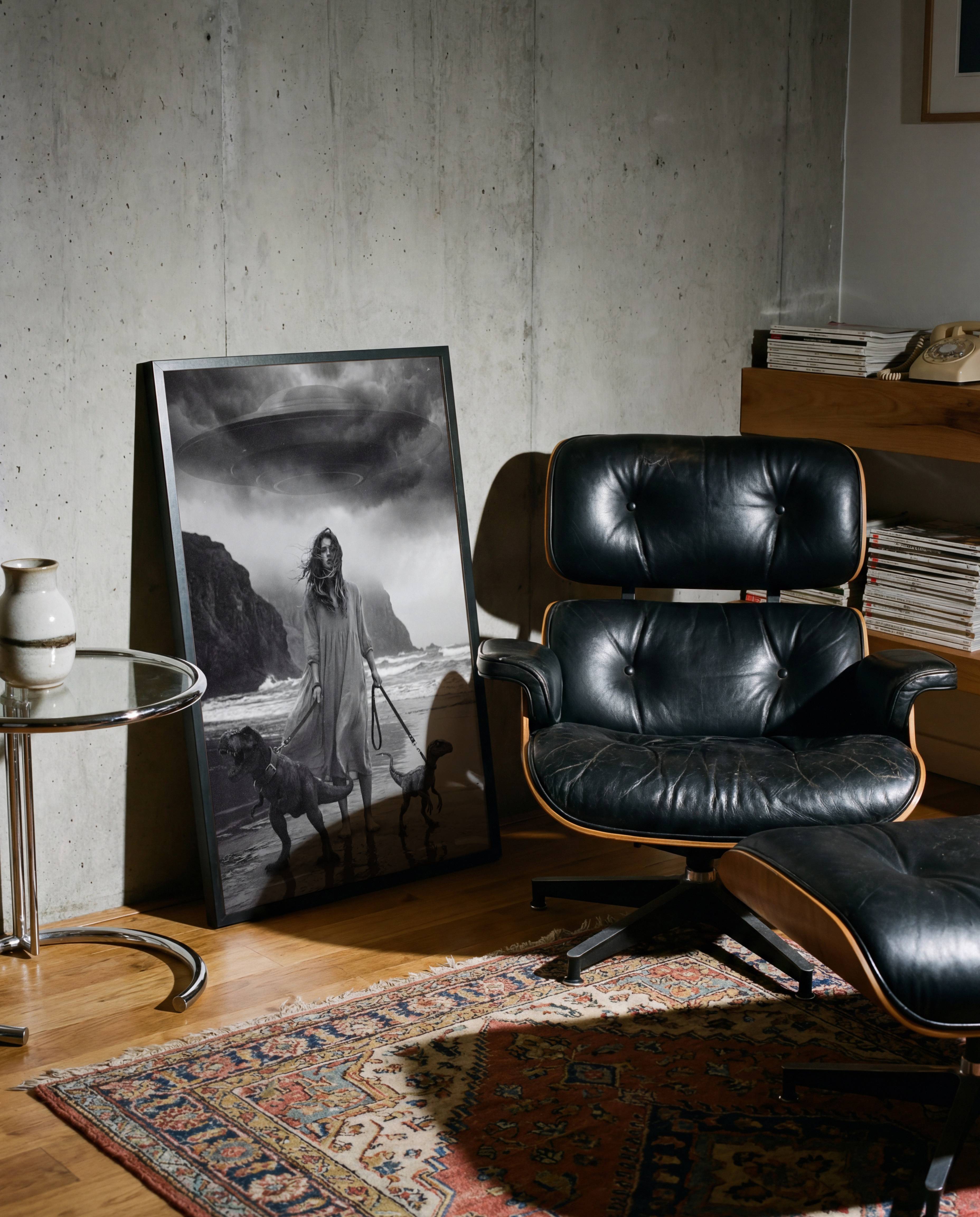 Monochrome art print of a lone woman in a long dress on a dramatic stormy coastline displayed in a Scandinavian-style interior, adding cinematic tension and emotional depth to a minimal space.