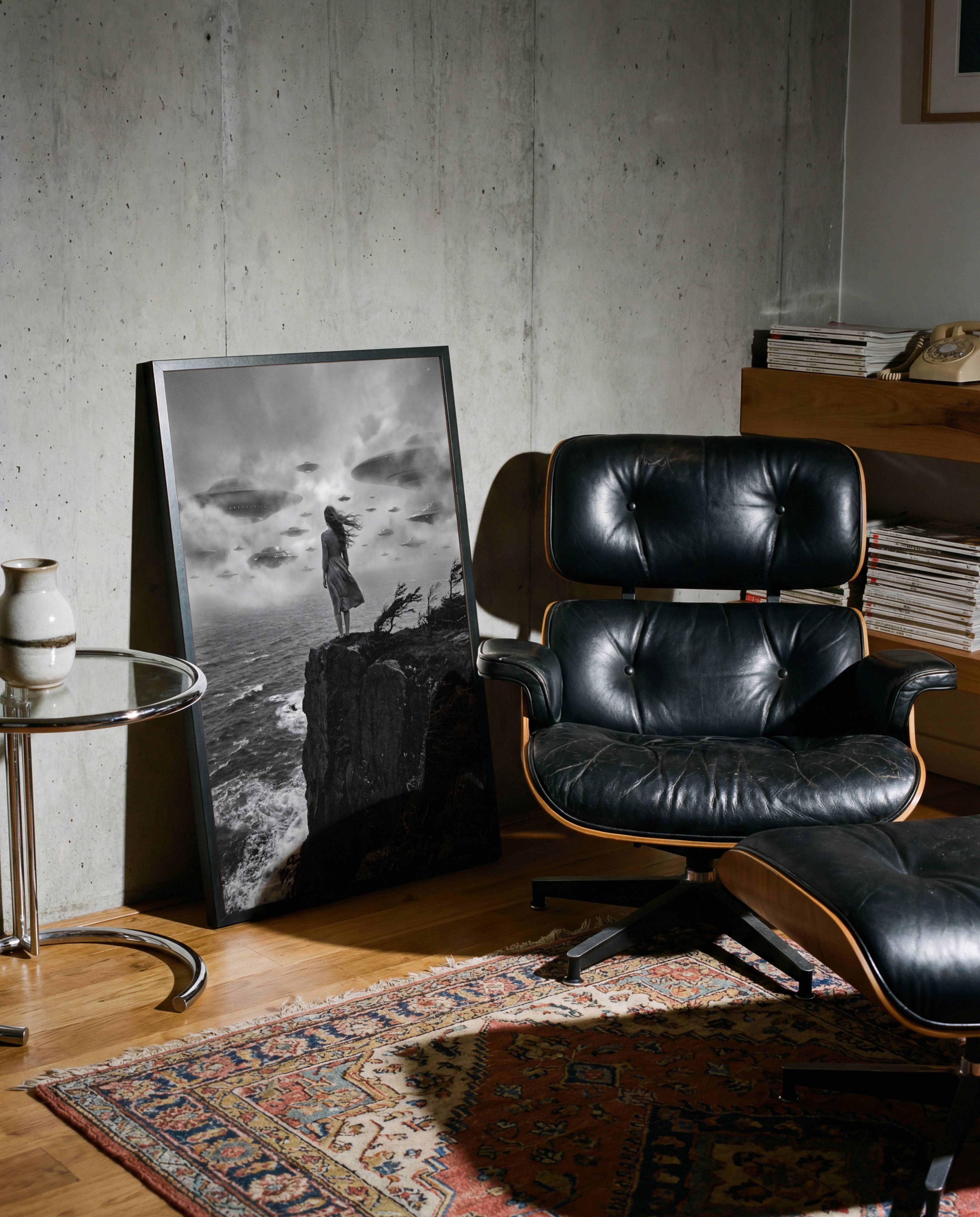 Black and white UFO art poster displayed on a light grey living room wall. The print features a lone woman facing a fleet of flying saucers in a fog-filled sky, creating a cinematic and mysterious ambiance in a modern minimalist interior.