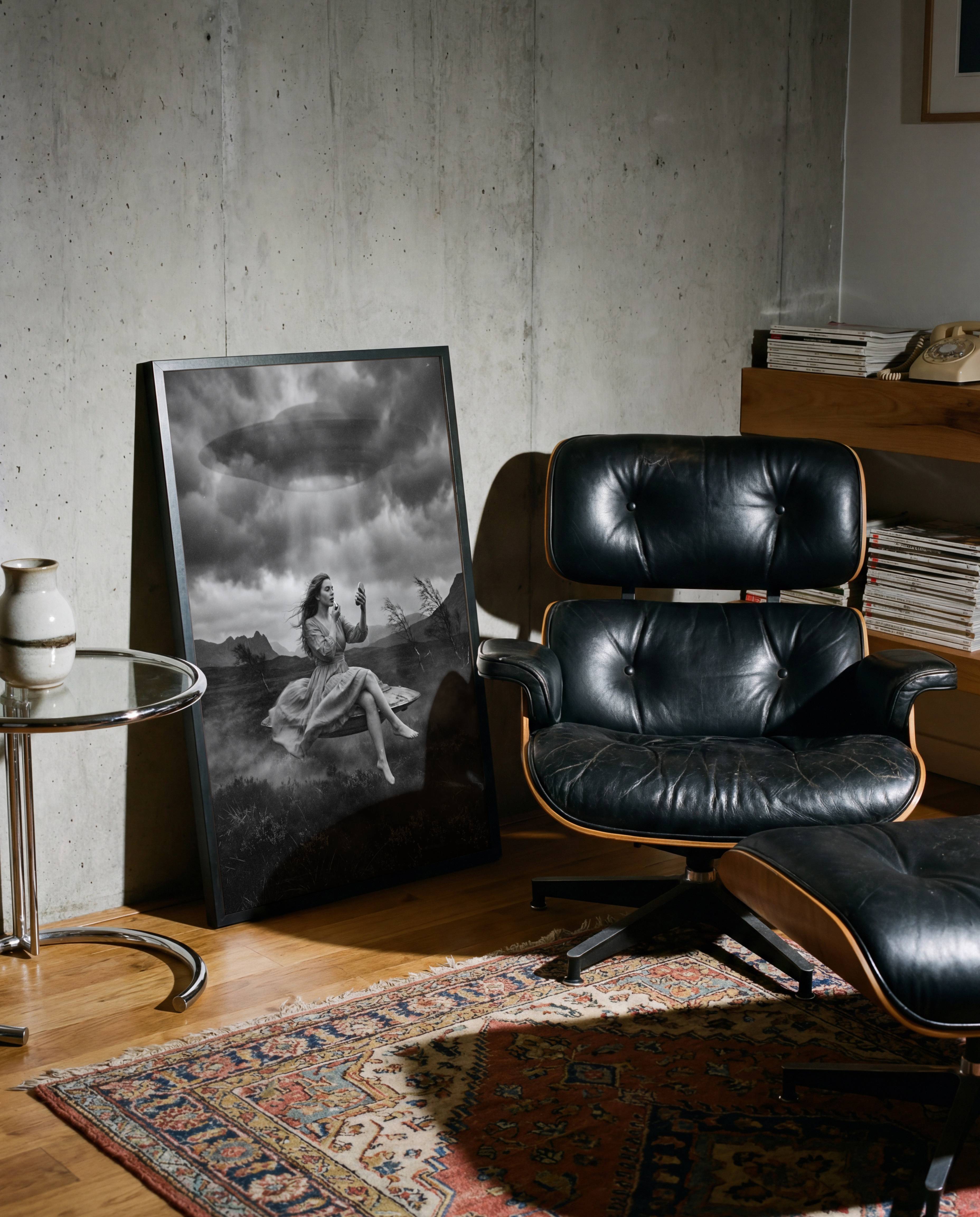 Monochrome art poster of a barefoot woman in a dress sitting on a floating surface applying lipstick into a compact mirror, completely unfazed by the UFO descending through storm clouds above a wild misty landscape, displayed in a creative studio or home office to bring surreal humour and artistic depth to the workspace.