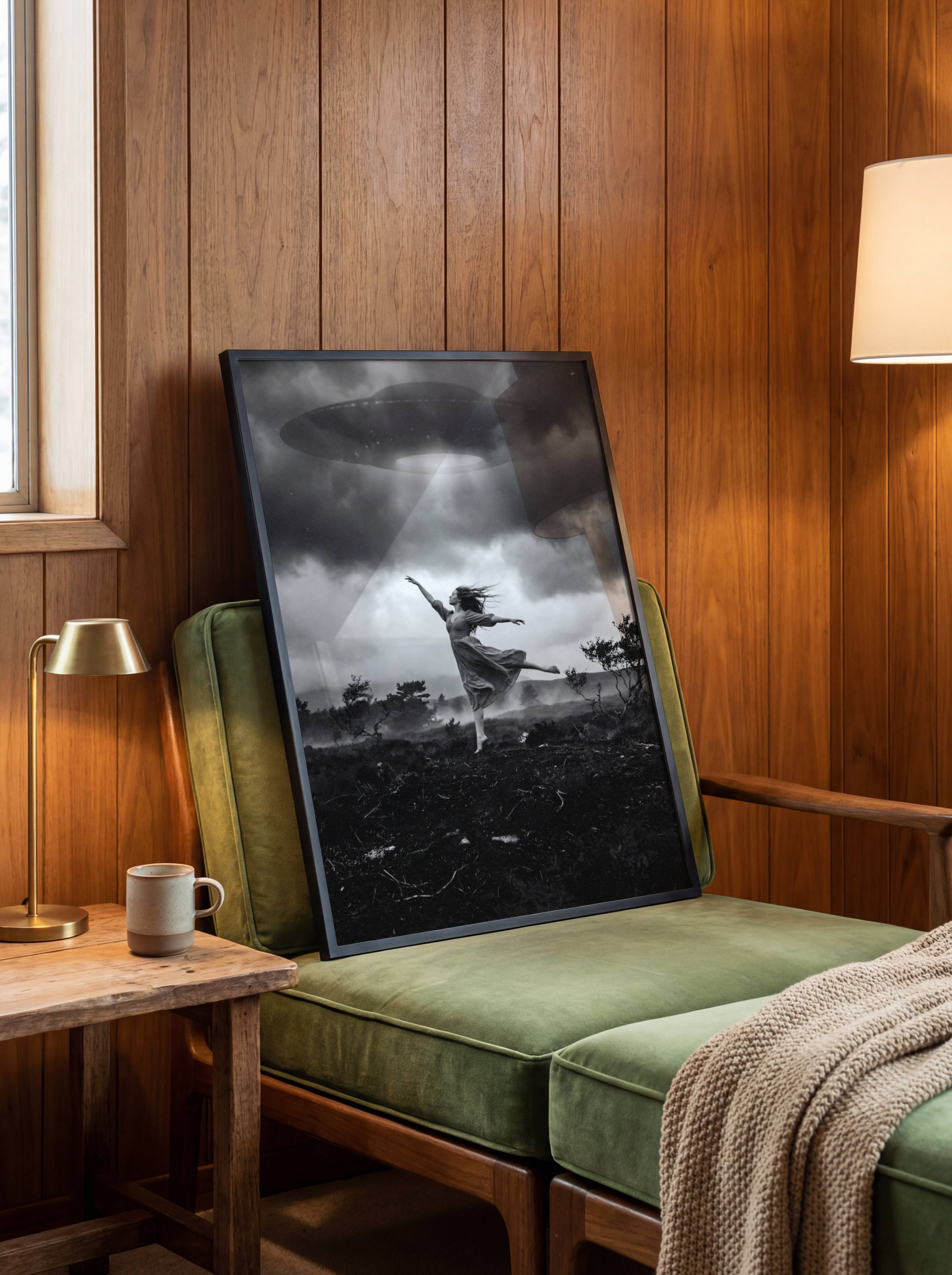 Monochrome surreal art print of a woman dancing freely on a wild moorland beneath a massive UFO beaming light through storm clouds, displayed in a Scandinavian-style interior, adding cinematic drama and emotional energy to a minimal space.