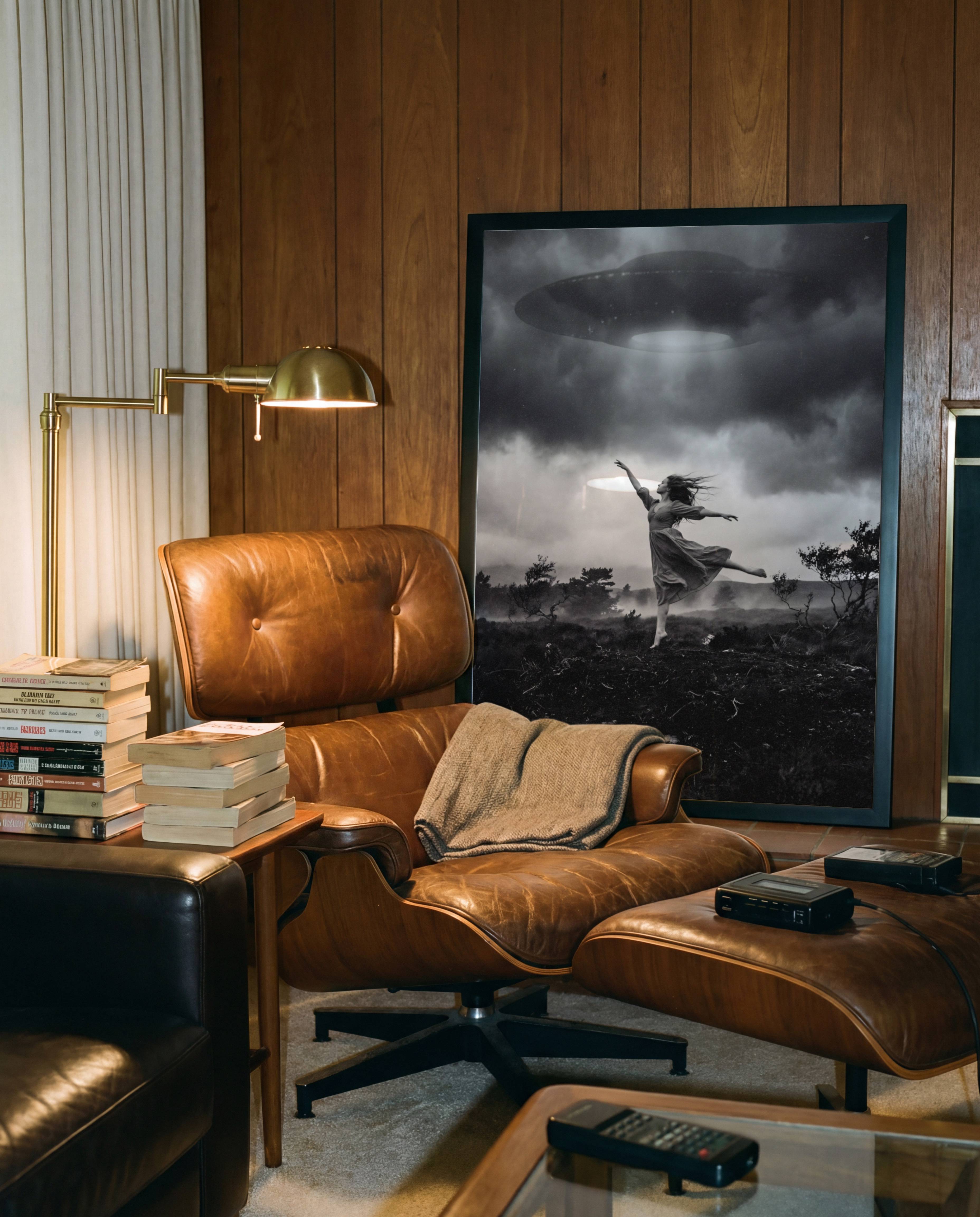 Black and white fine art print of a woman with arms spread wide dancing barefoot on a dark moorland beneath a glowing UFO hovering in a turbulent stormy sky, displayed in a study or home library, adding a visually powerful and imaginative surreal quality to an intellectual interior.