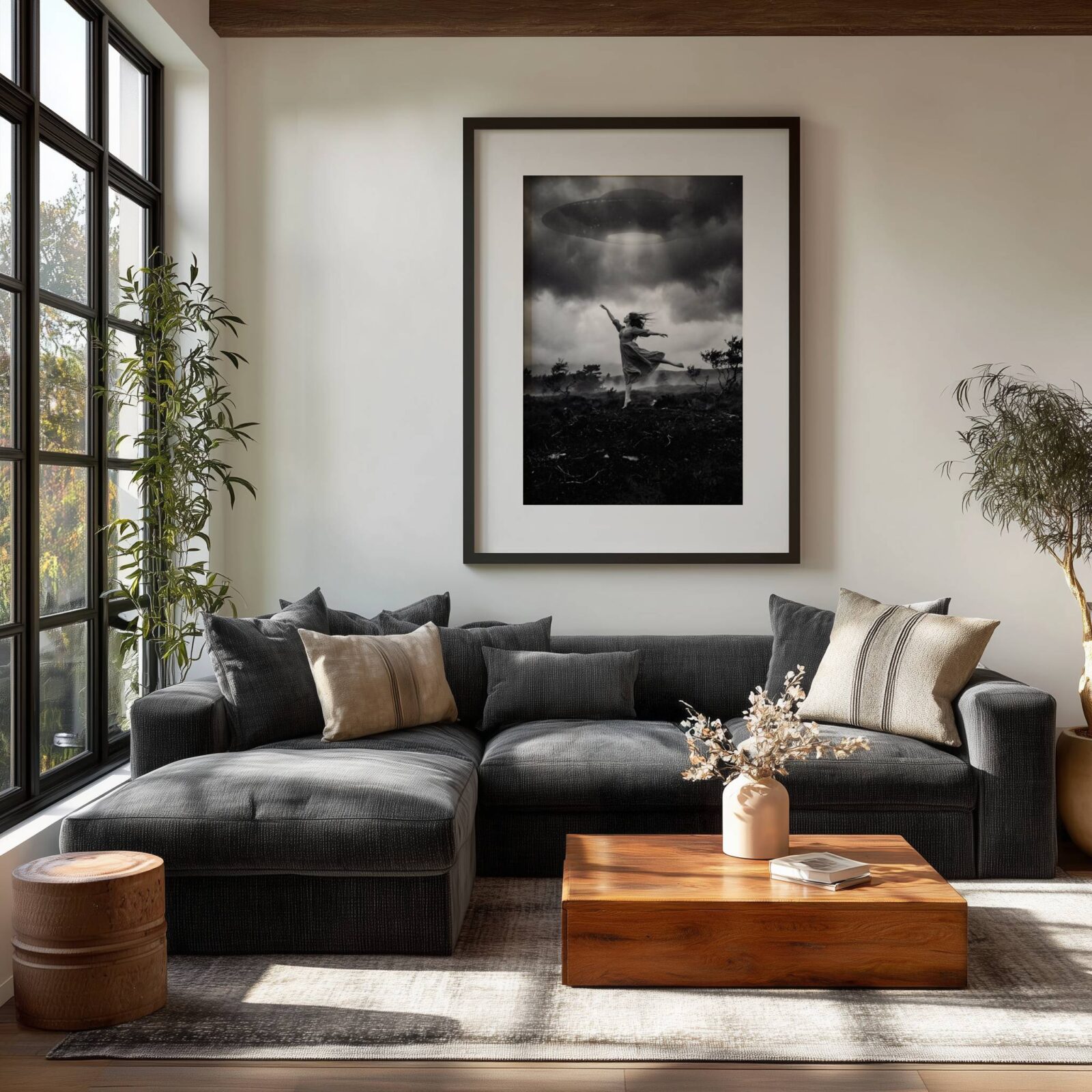 Black and white surreal art print of a woman dancing on a moorland beneath a hovering UFO with a glowing beam of light, displayed on a living room wall, bringing cinematic energy and fine art atmosphere to a modern interior.