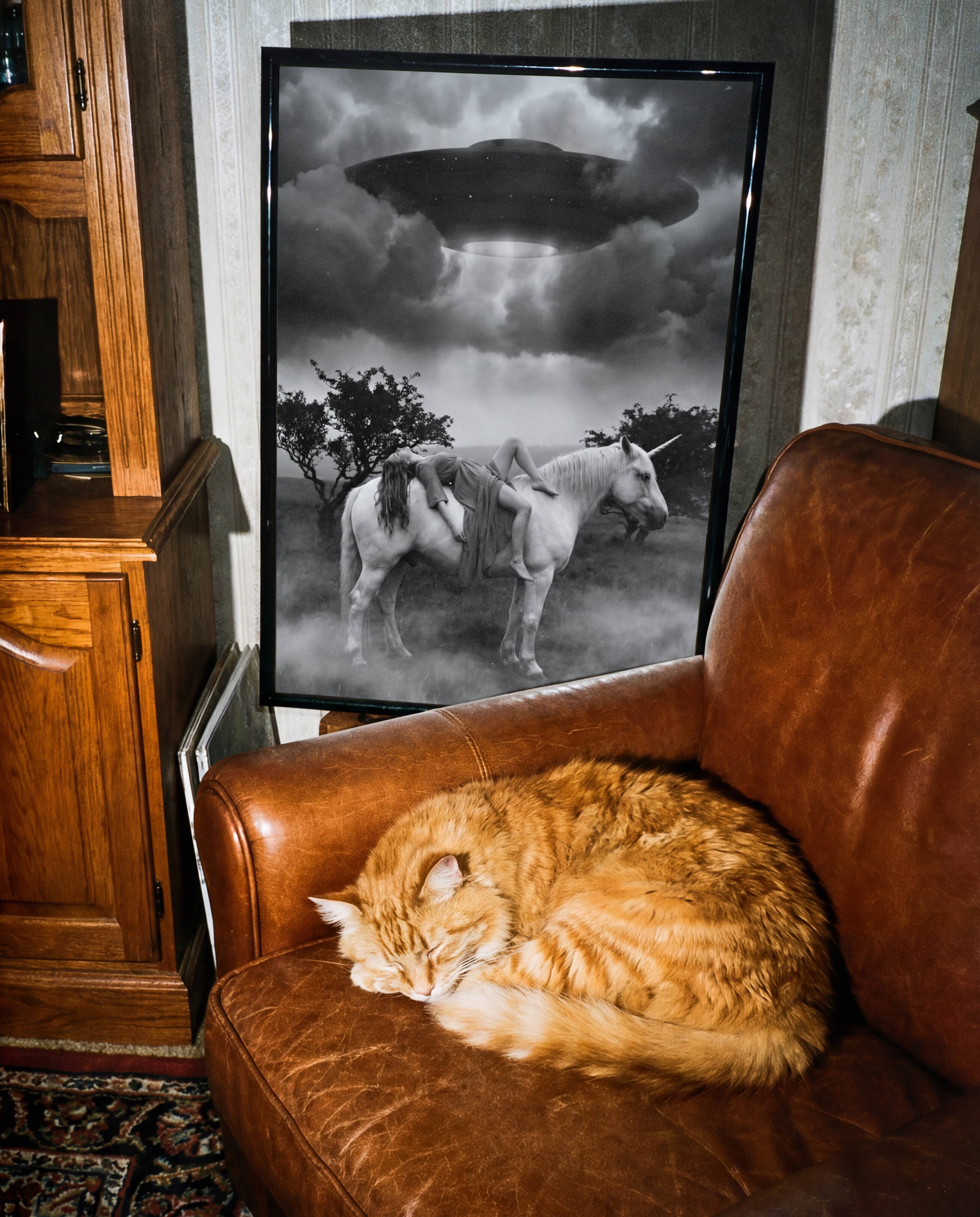 Monochrome surreal art print of a woman lying across a white unicorn in a misty field beneath a massive UFO beaming light through storm clouds, displayed in a Scandinavian-style interior, adding dreamlike depth and cinematic storytelling to a minimal space.