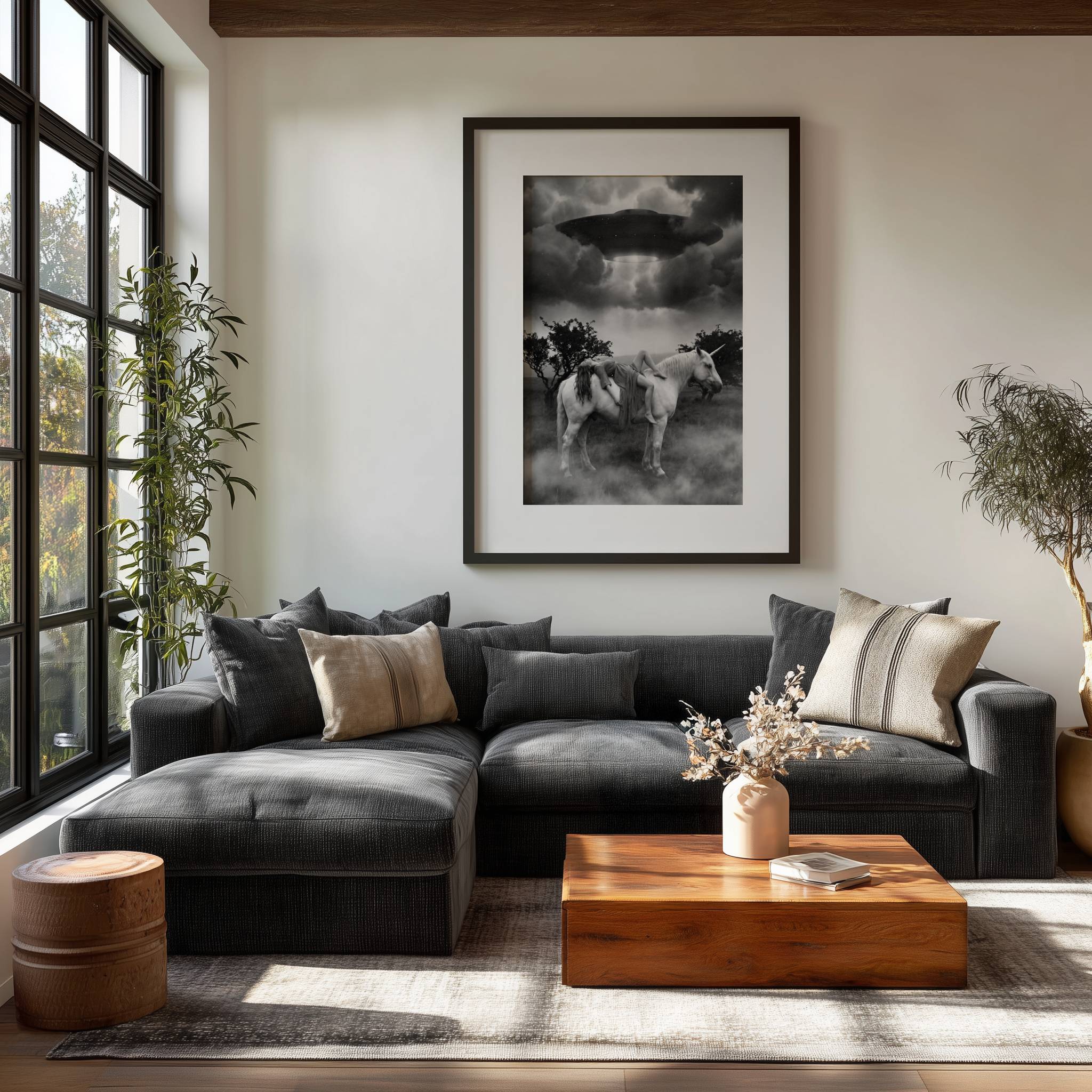 Black and white surreal art print of a woman lying across a white unicorn in a misty field beneath a hovering UFO with a beam of light, displayed on a living room wall, bringing dreamlike atmosphere and cinematic fine art energy to a modern interior.