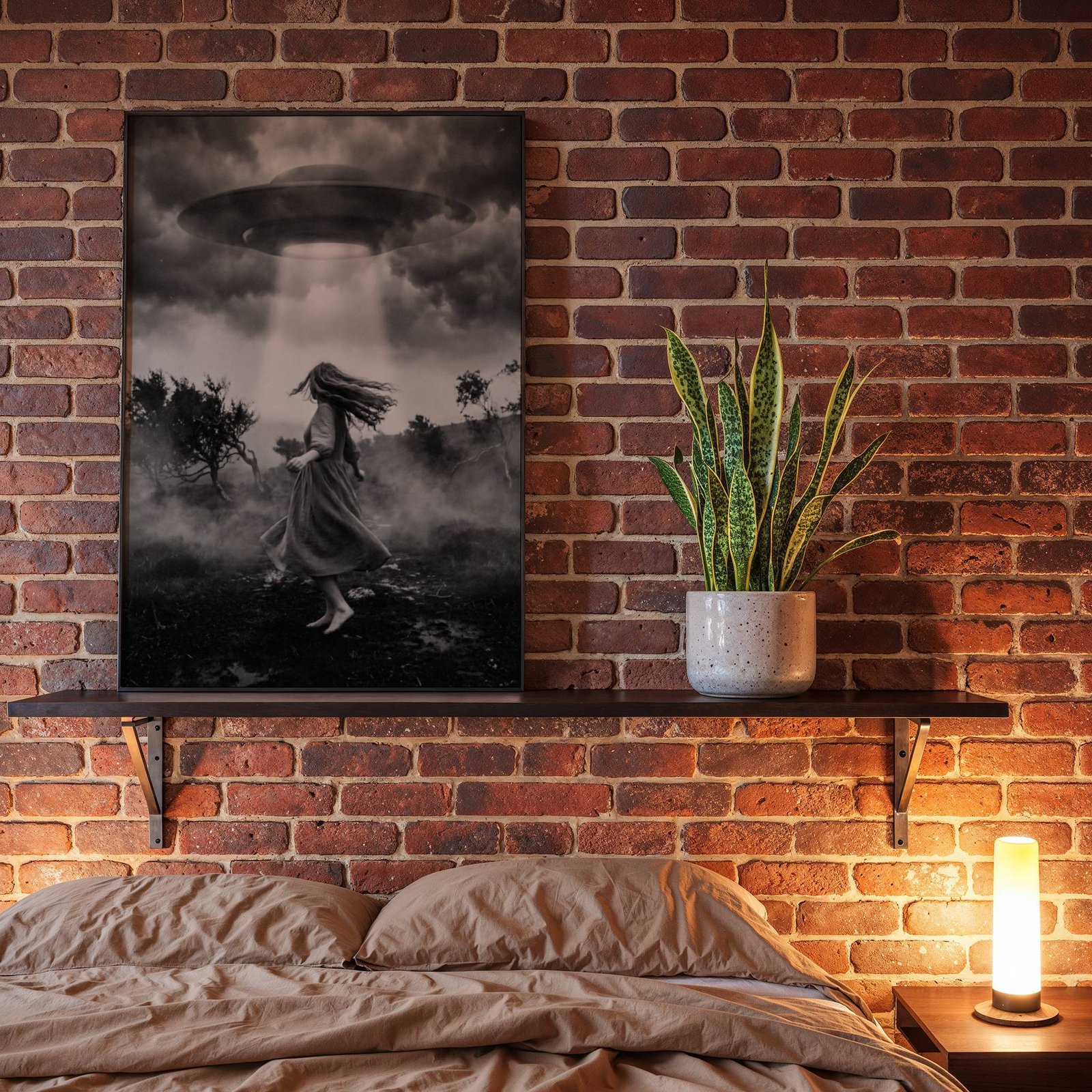 Black and white fine art poster of a woman in a flowing dress rising off a foggy moorland ground beneath a massive UFO emitting a bright beam of light through a stormy sky, displayed in a bedroom as a striking and atmospheric piece of wall decoration.
