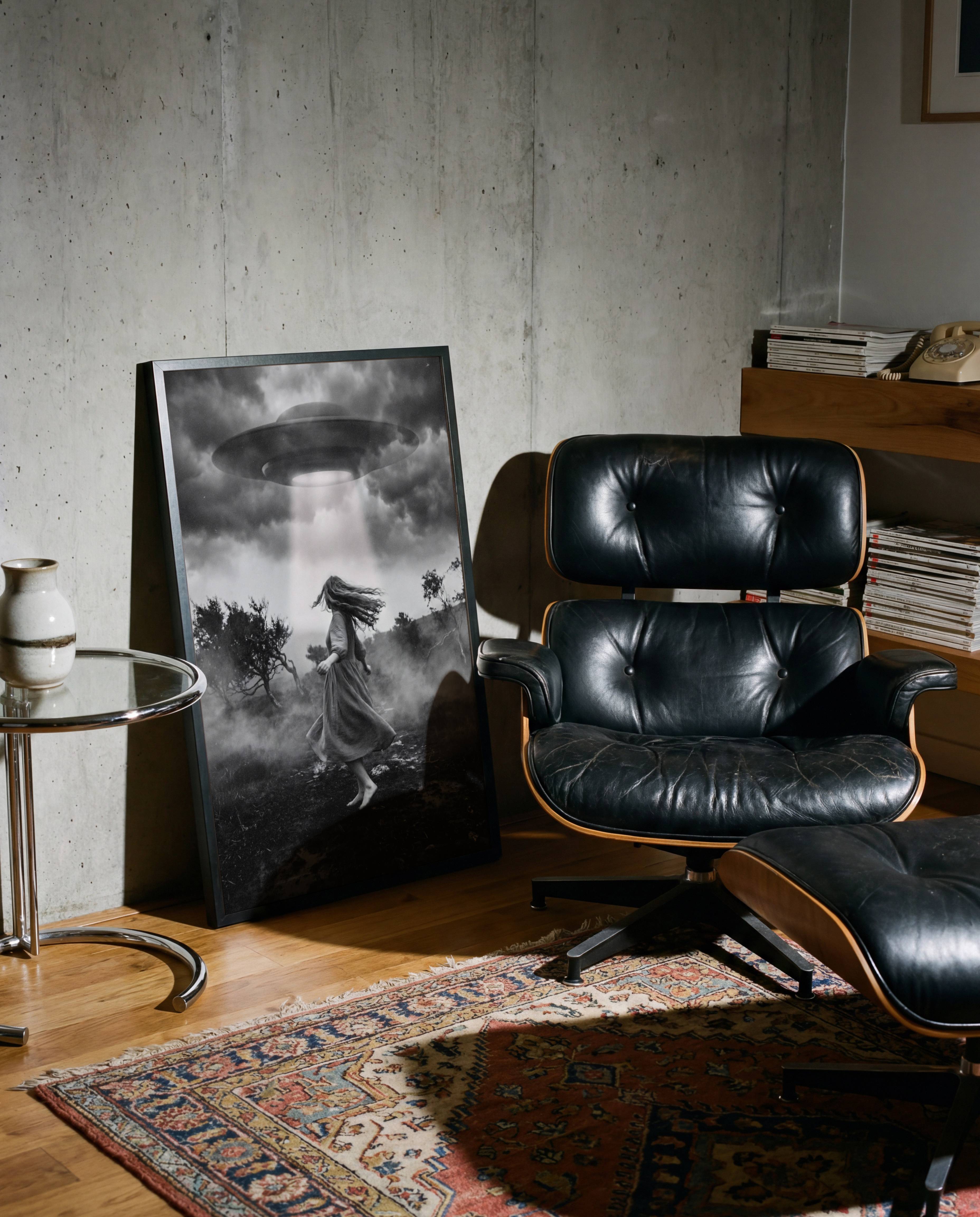 Monochrome surreal art print of a barefoot woman being drawn upward by a UFO beam over a dark misty moorland with twisted trees and swirling fog, displayed in a Scandinavian-style interior, adding cinematic drama and surreal storytelling to a minimal space.