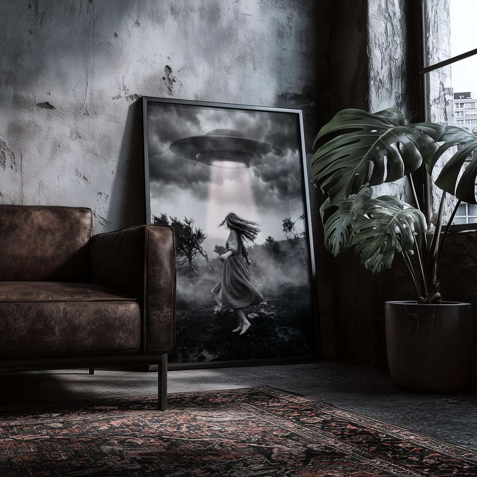 Black and white fine art print of a barefoot woman in a flowing dress being lifted off a misty moorland by a glowing UFO beam beneath a massive spacecraft in a dramatic stormy sky, leaning against a wall in a lifestyle flat lay setting, shown unframed to highlight the premium matte paper quality and rich tonal contrast of this cinematic surreal wall art poster.