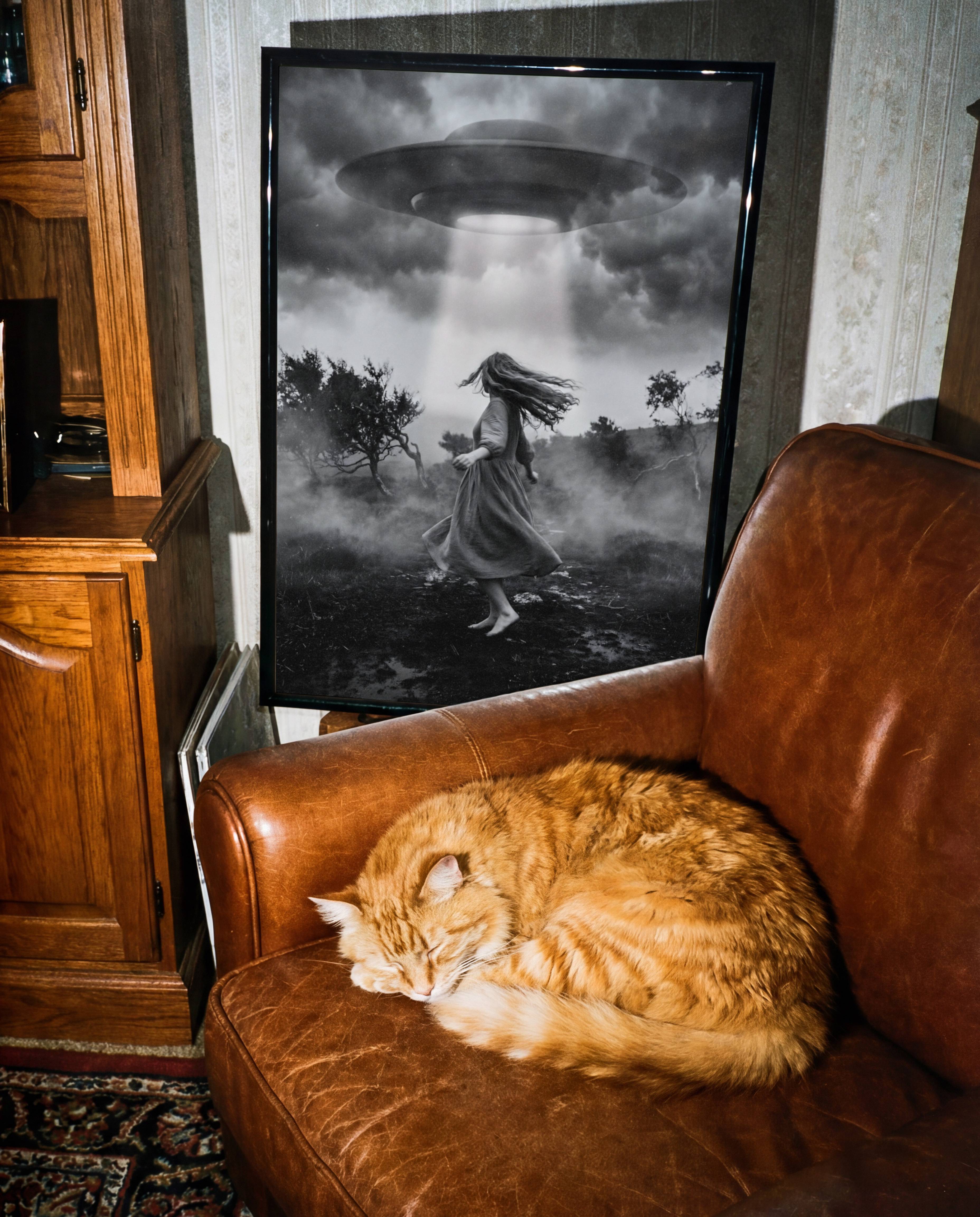 Black and white fine art print of a woman in a flowing dress lifted off a foggy moorland by the glowing beam of a massive UFO hovering in a turbulent stormy sky, surrounded by twisted dark trees and ground mist, displayed in a study or home library, adding a visually powerful and atmospheric surreal quality to an intellectual interior.