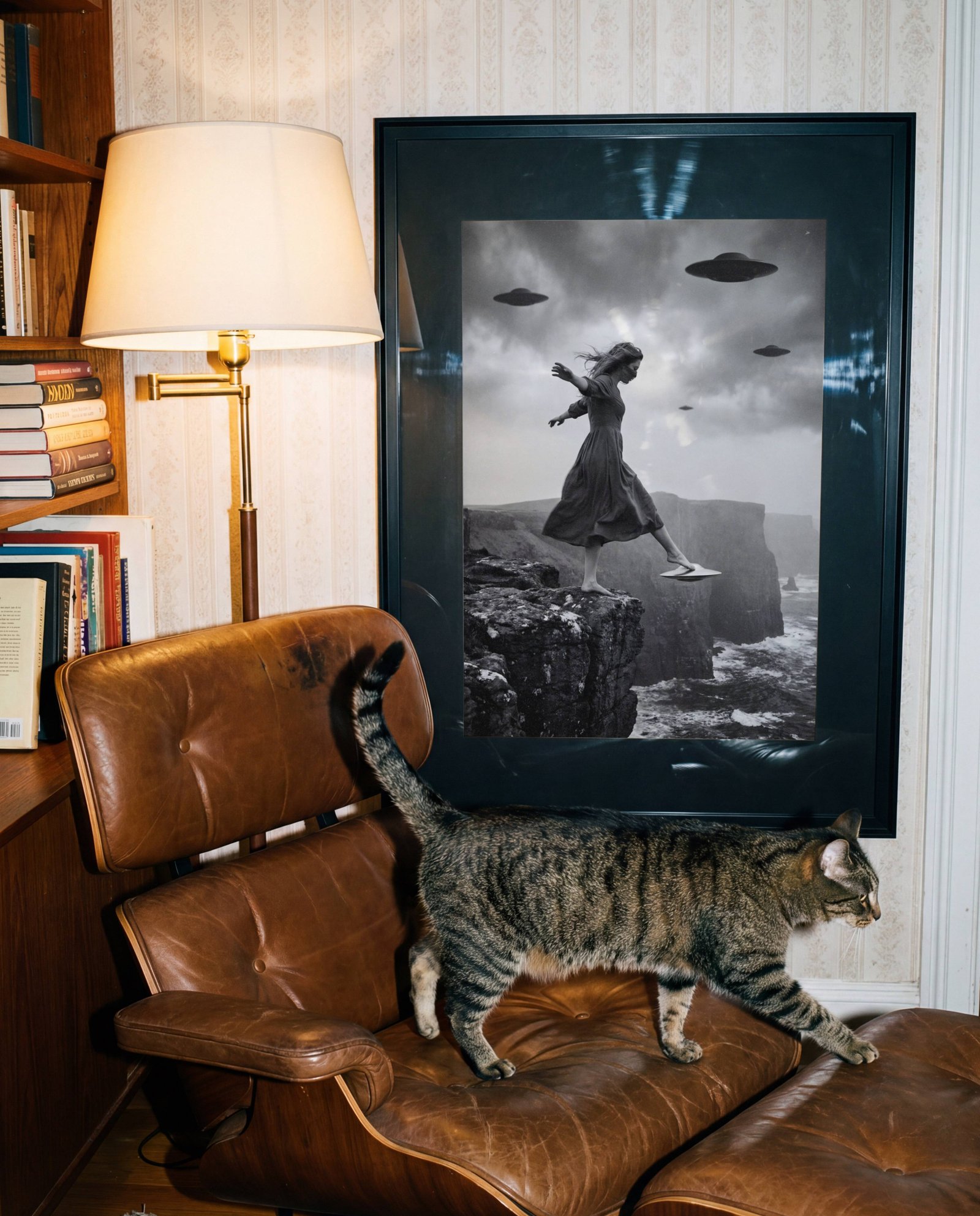 Monochrome art poster of a woman in a flowing dress stepping fearlessly from a rocky coastal cliff onto a small hovering UFO as larger flying saucers circle in the stormy sky above crashing waves, displayed in a creative studio or home office to bring surreal artistic depth and visual drama to the workspace.