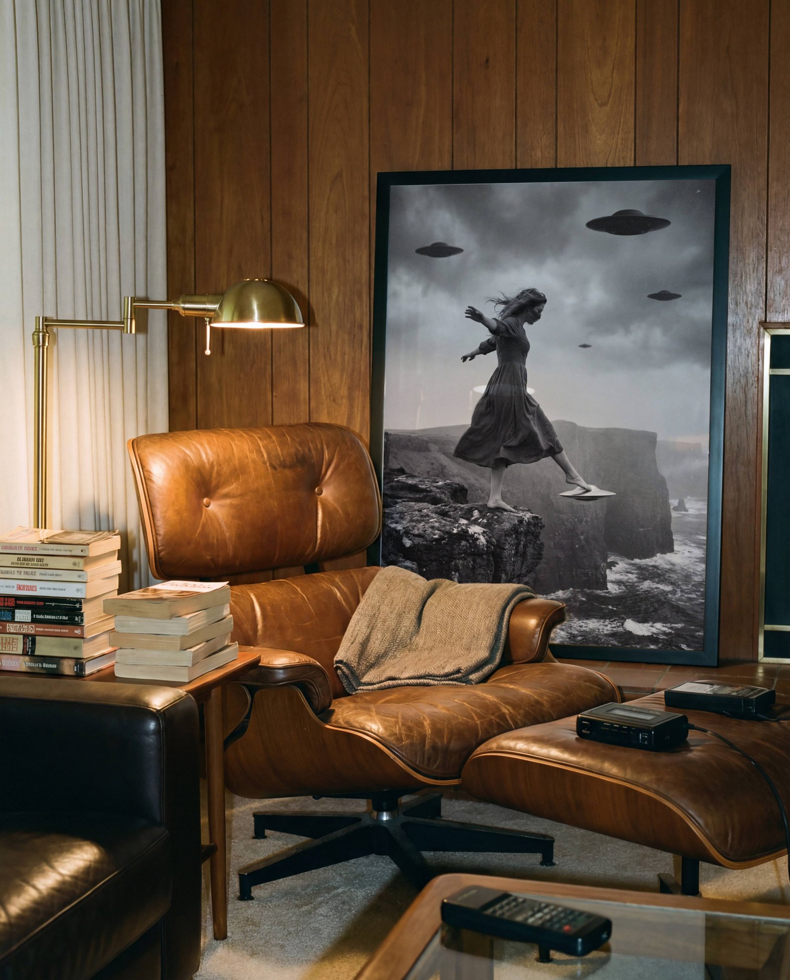 Black and white fine art print of a woman balancing on the edge of a sea cliff with arms outstretched, stepping onto a hovering UFO beneath a stormy sky filled with flying saucers, displayed in a study or home library, adding a visually powerful and thought-provoking surreal quality to an intellectual interior.