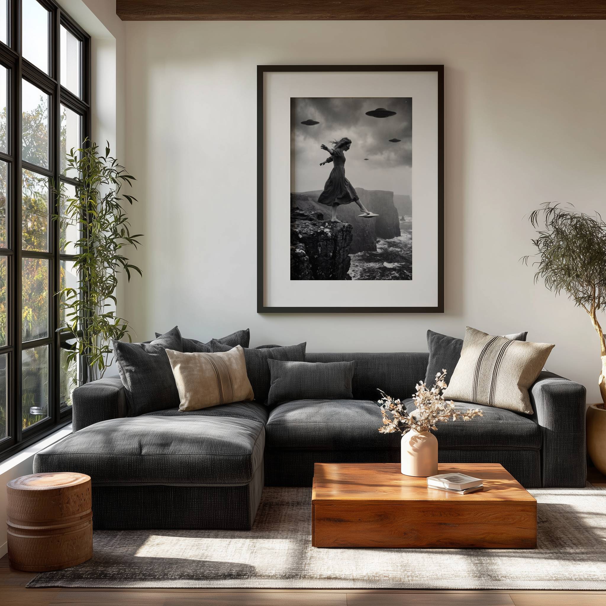 Black and white surreal art print of a woman stepping from a coastal cliff edge onto a small hovering UFO with stormy skies and sea cliffs in the background, displayed on a living room wall, bringing cinematic tension and fine art atmosphere to a modern interior.