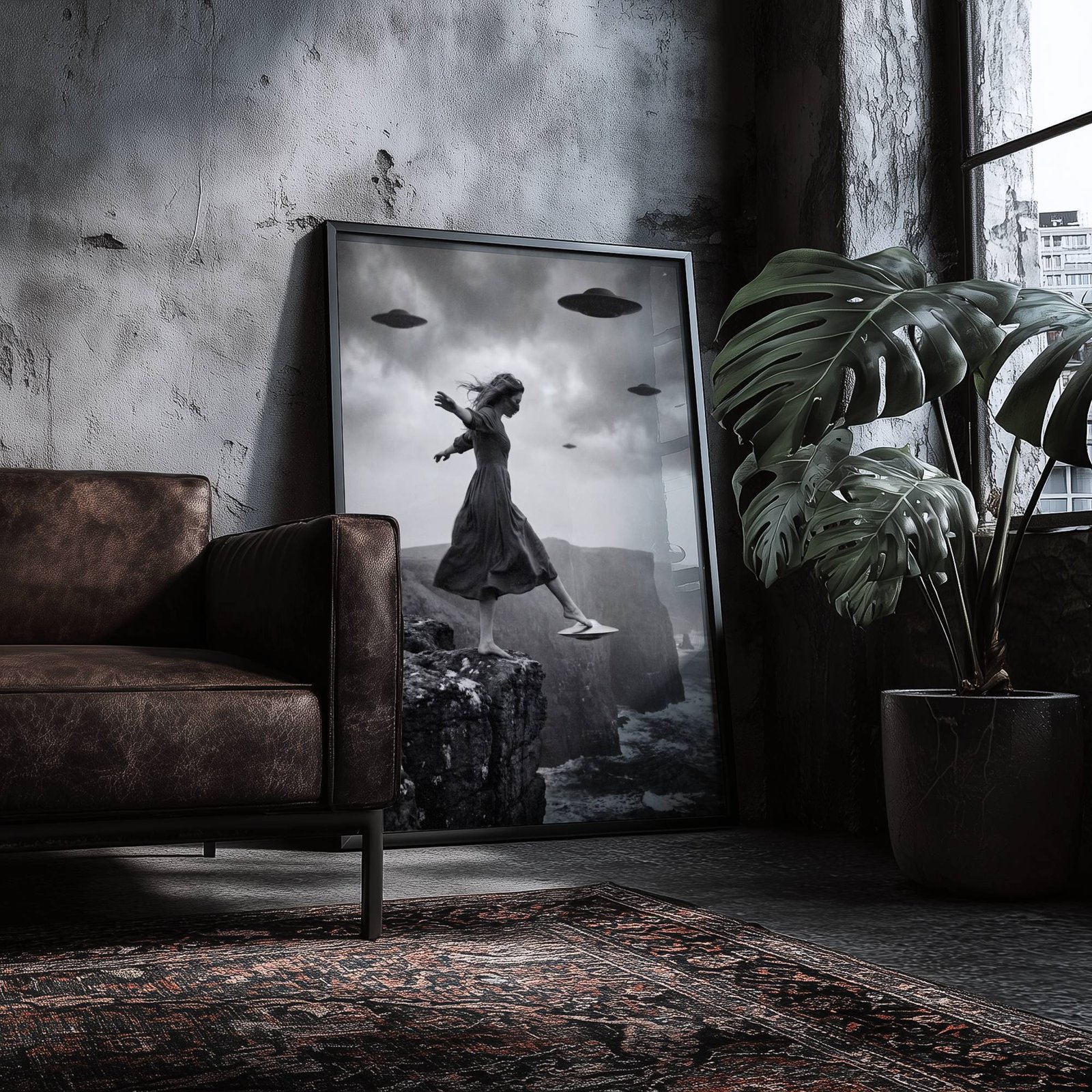 Black and white surreal art print of a woman stepping off a dramatic coastal cliff onto a hovering UFO beneath a stormy sky with multiple flying saucers,