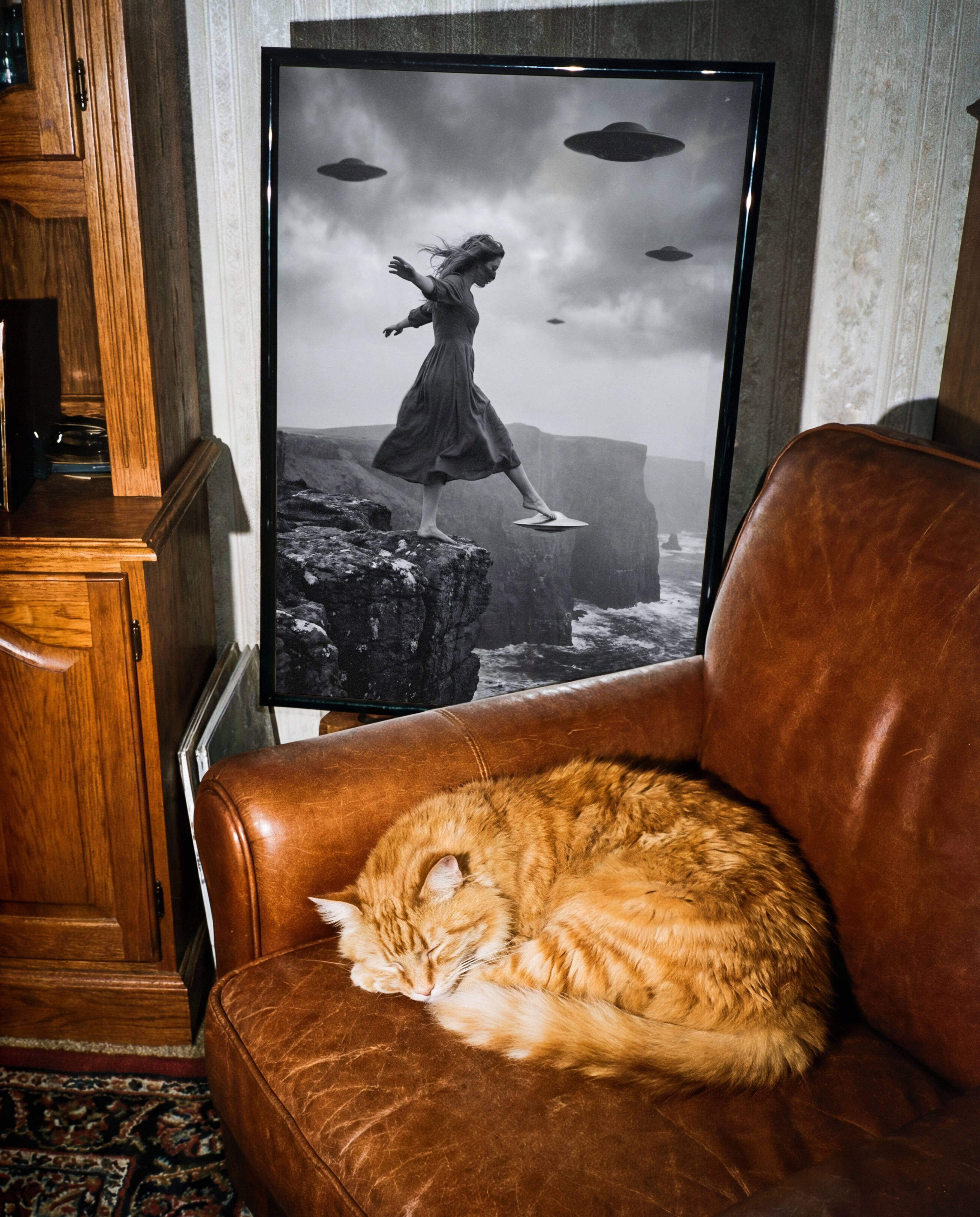 Monochrome surreal art print of a woman stepping from a rocky cliff edge onto a small UFO with three flying saucers in a dramatic stormy sky above crashing coastal waves, displayed in a Scandinavian-style interior, adding cinematic depth and surreal storytelling to a minimal space.