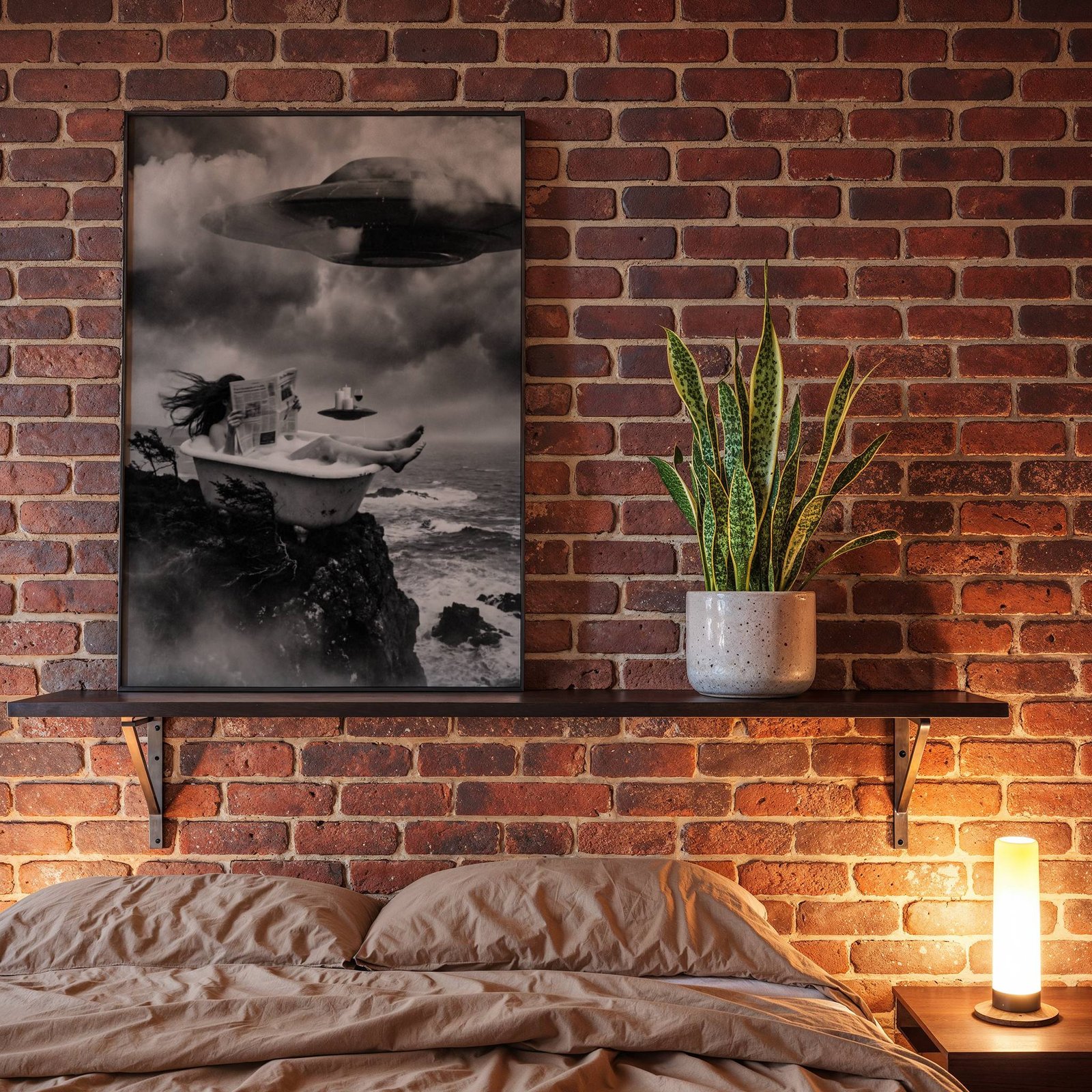 Black and white fine art poster of a woman relaxing in a clawfoot bath perched on a dramatic sea cliff, entirely unbothered by the massive UFO descending through storm clouds above while a small saucer hovers with candles and wine, displayed in a bedroom as a witty and atmospheric piece of wall decoration.