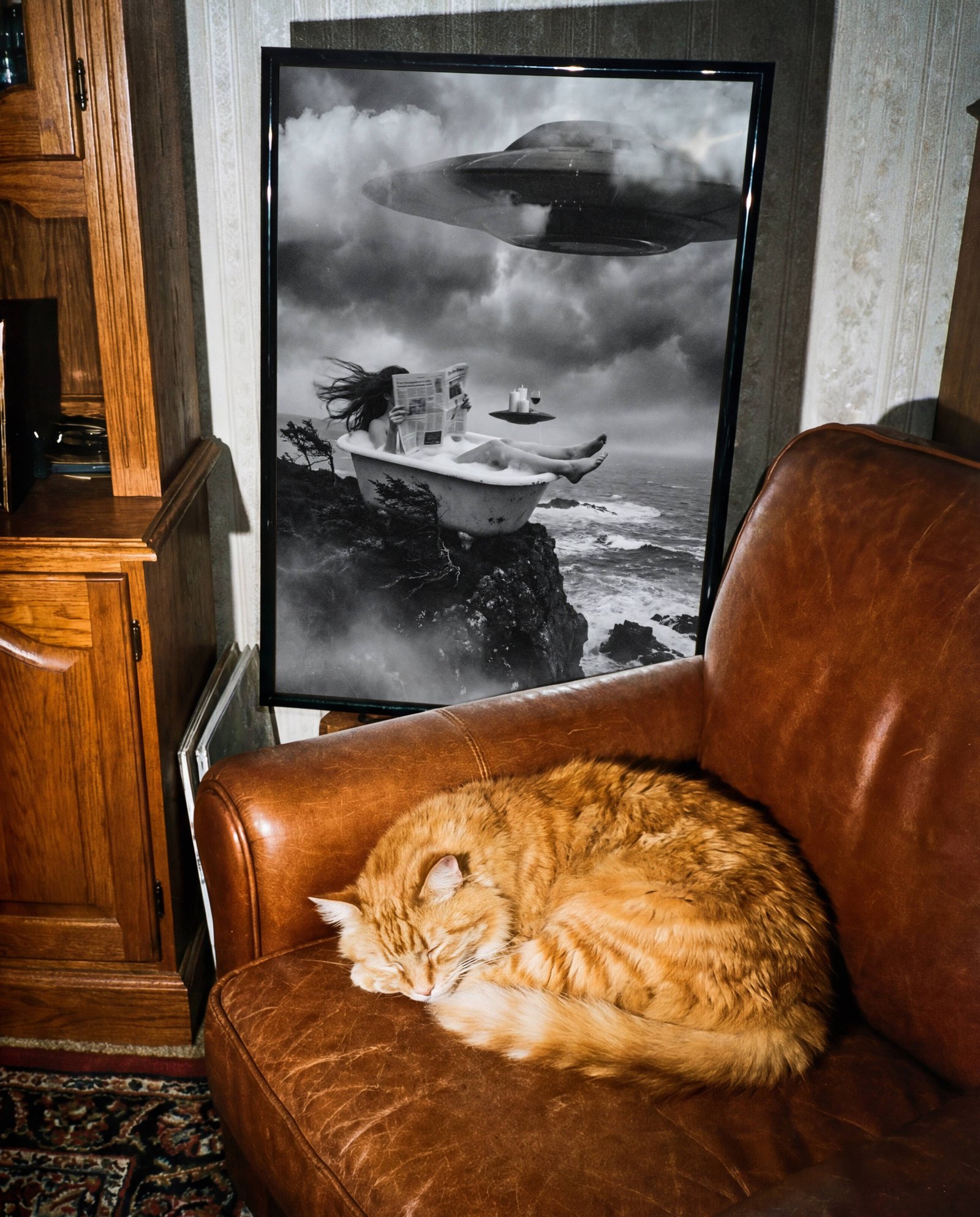 Black and white fine art print of a woman completely at ease in a clawfoot bathtub on a sea cliff, reading a newspaper while a large UFO hovers through storm clouds and a small flying saucer serves as a floating candle and wine tray beside her, displayed in a study or home library, adding surreal humour and visual depth to an intellectual interior.
