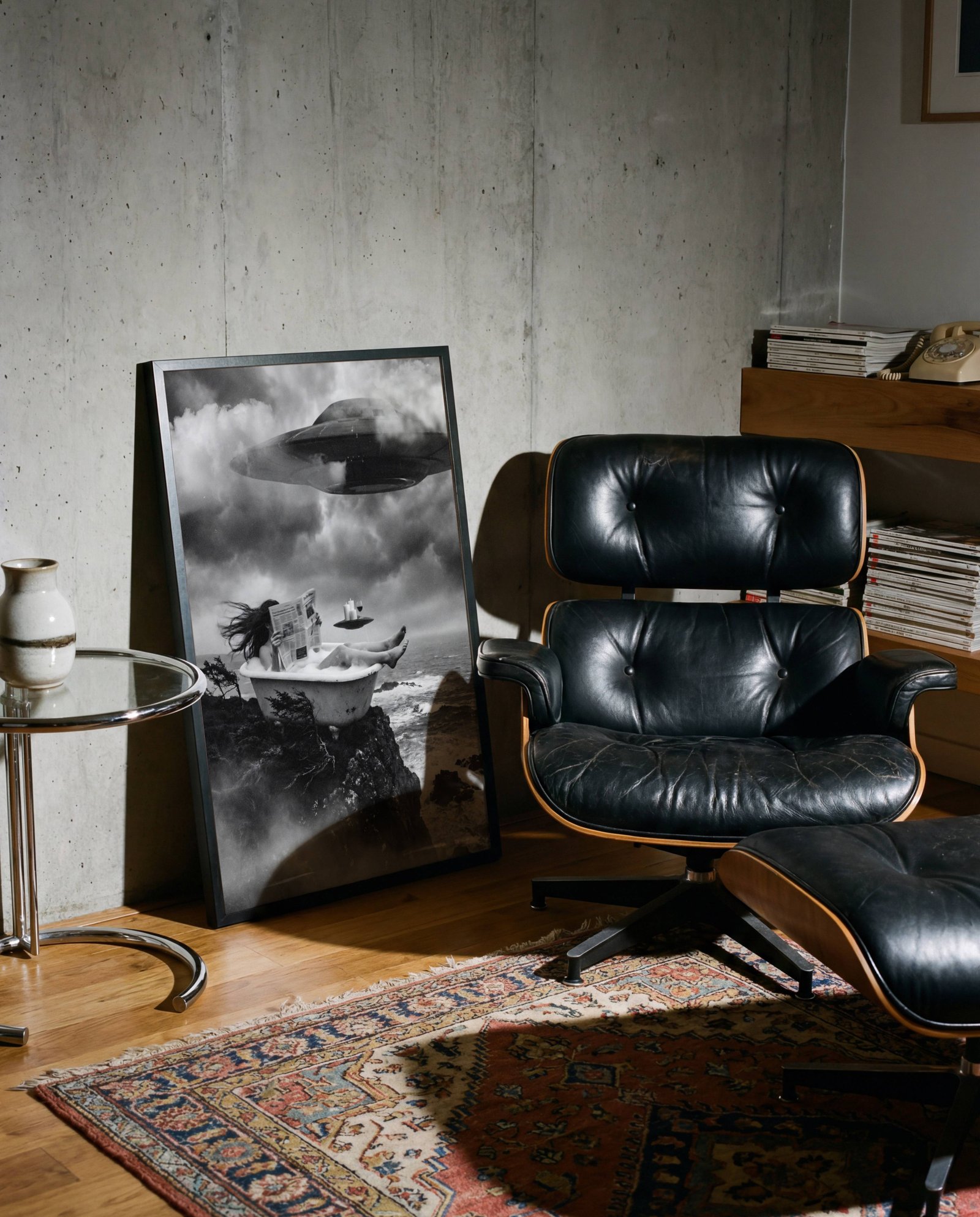 Black and white fine art print of a woman completely at ease in a clawfoot bathtub on a sea cliff, reading a newspaper while a large UFO hovers through storm clouds and a small flying saucer serves as a floating candle and wine tray beside her, displayed in a study or home library, adding surreal humour and visual depth to an intellectual interior.