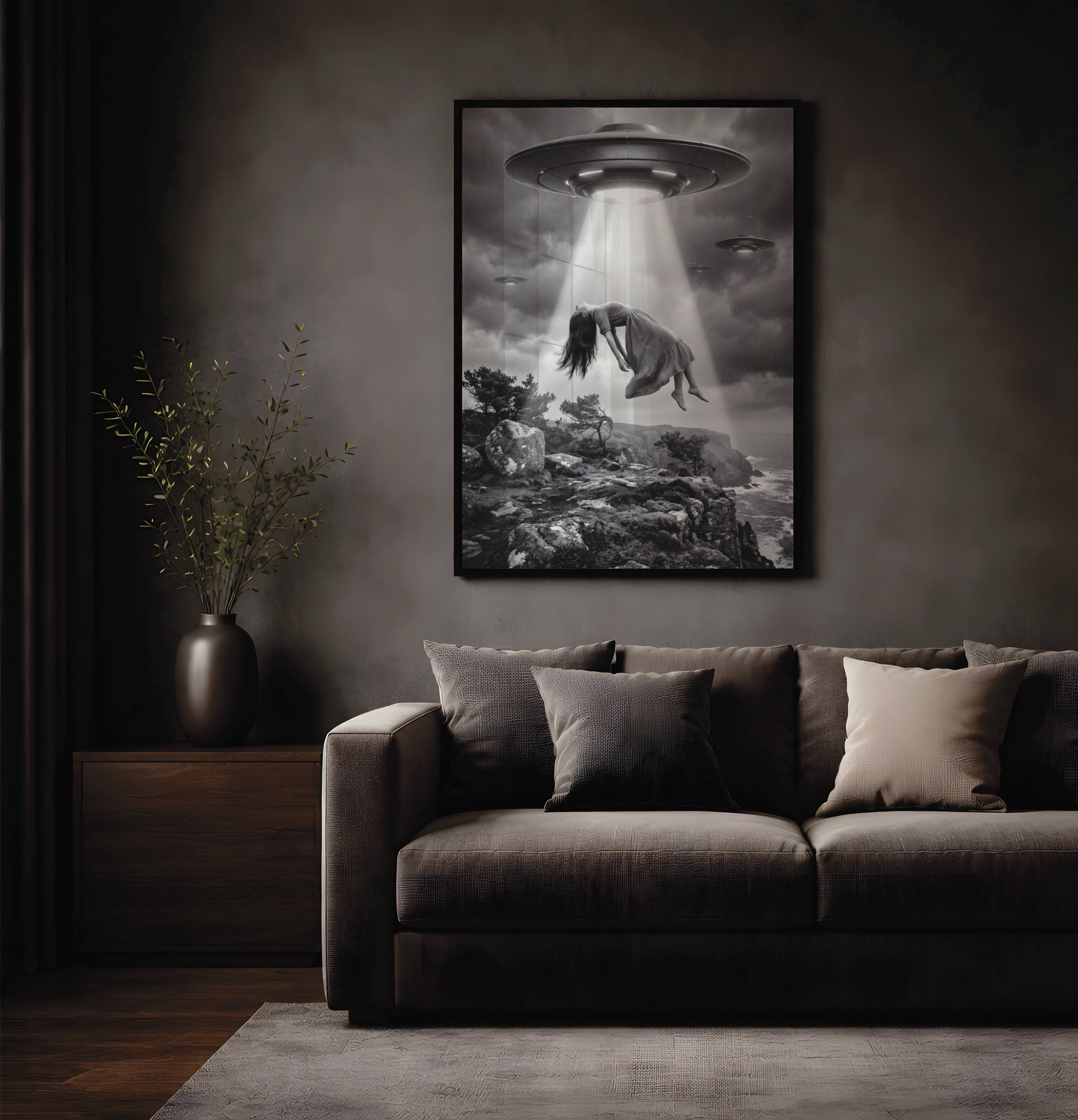 Deeply cinematic black and white surreal artwork of a woman floating limp in a blinding UFO beam above a dramatic rocky coastal clifftop, windswept pine trees below and two more spacecraft visible through heavy storm clouds — striking dark surreal living room wall decor – unframed atmospheric dark living room poster, ufoposter.com