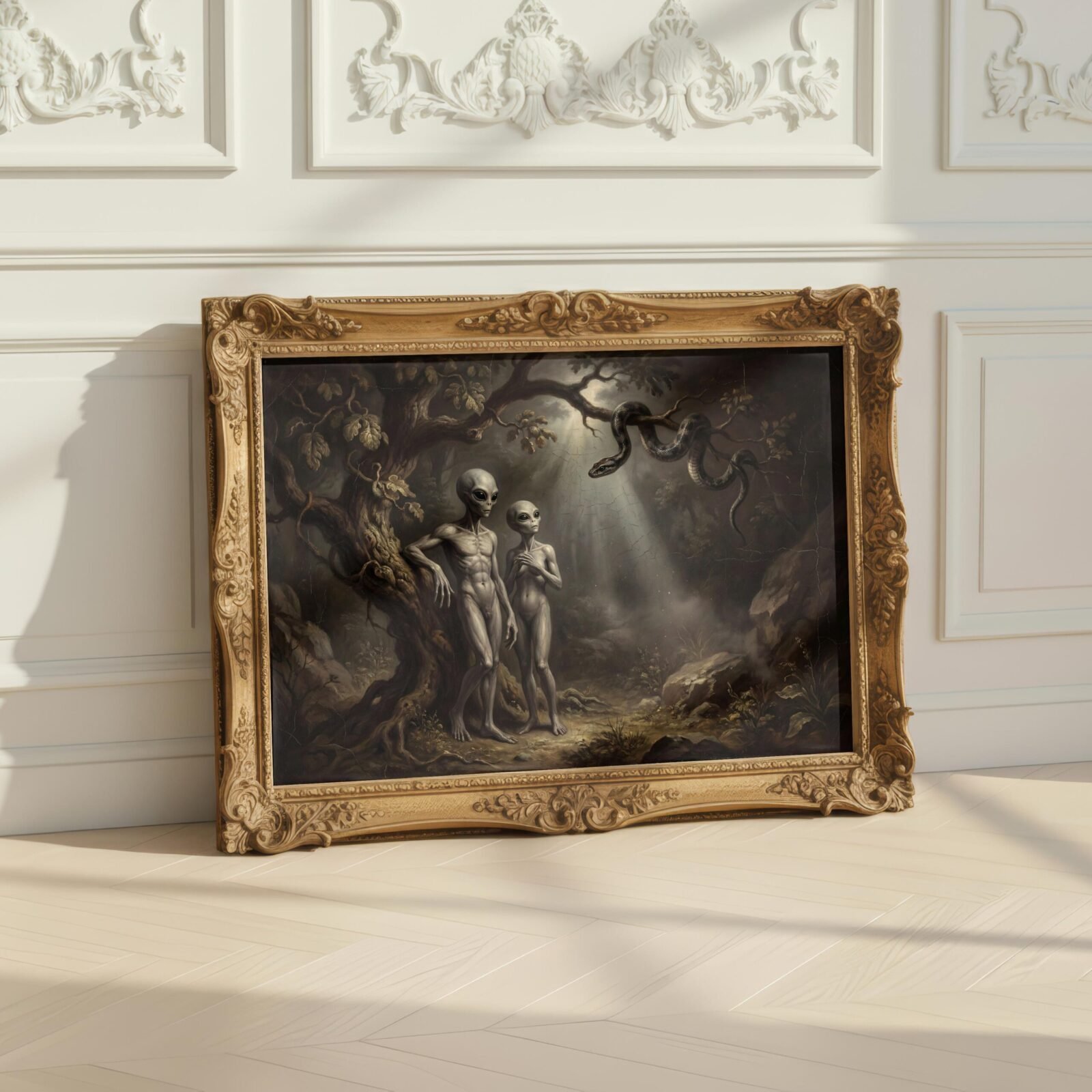 Ancient alien art print — renaissance Garden of Eden with alien Adam and Eve under ancient tree