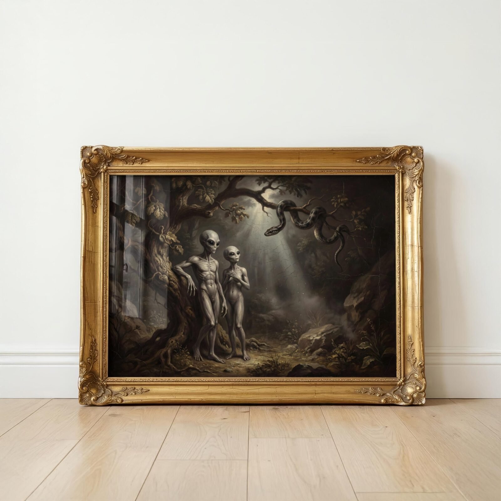 Surreal religious art print — two grey aliens in dark Garden of Eden with coiling serpent above