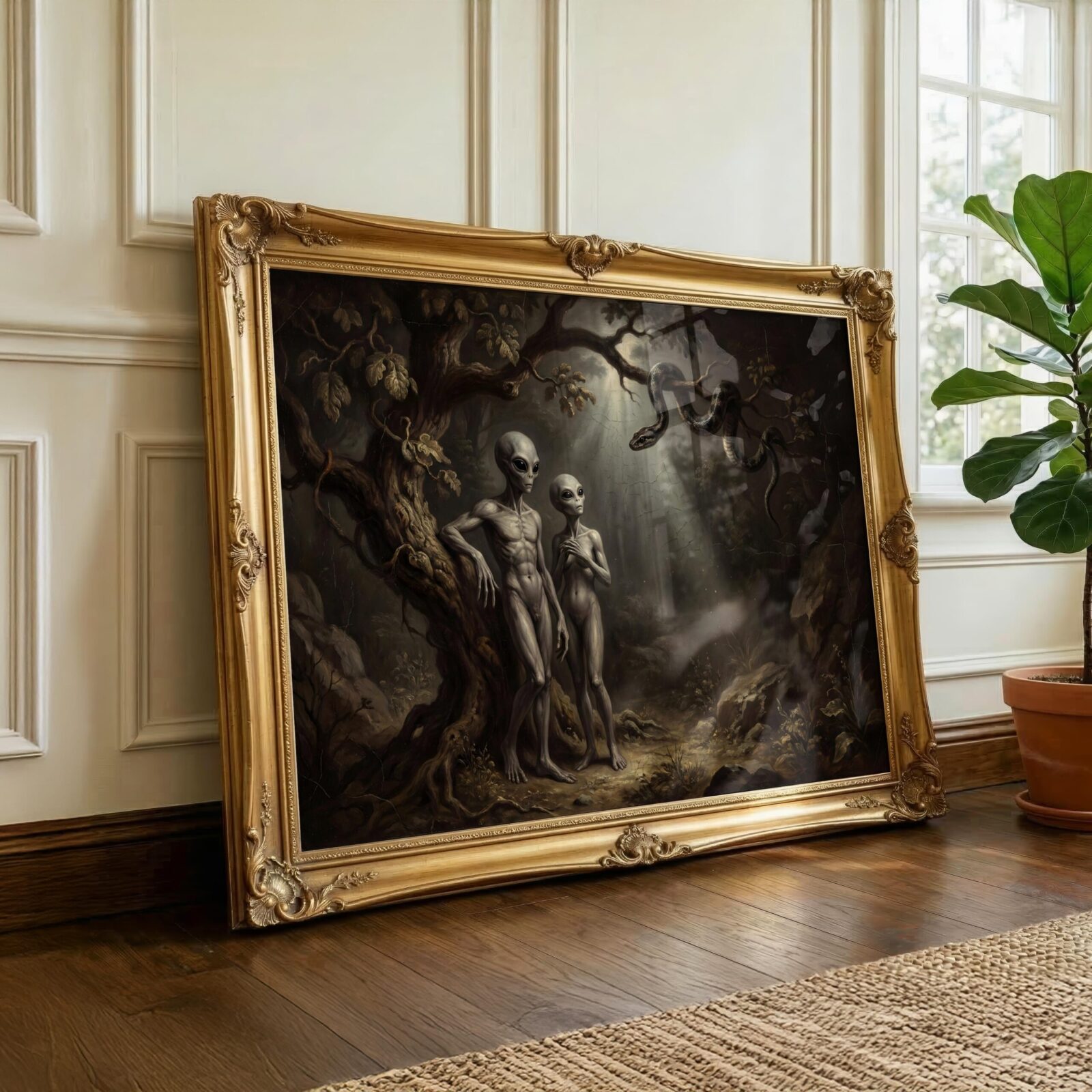 Dark renaissance art print — Adam and Eve reimagined as alien figures in Garden of Eden with snake