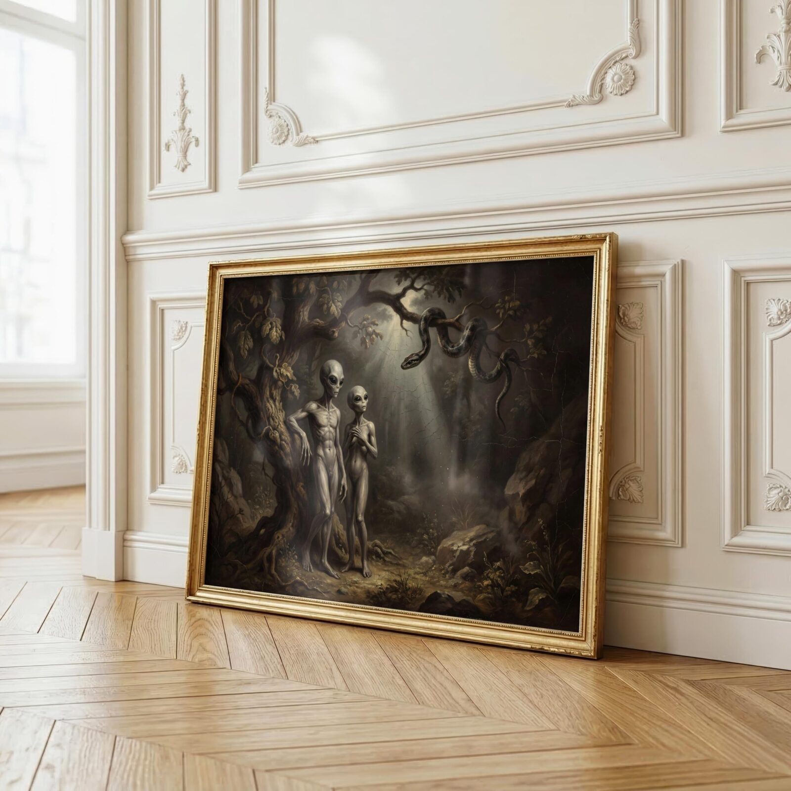 Garden of Eden biblical UFO art print — dark renaissance painting with two grey aliens and serpent
