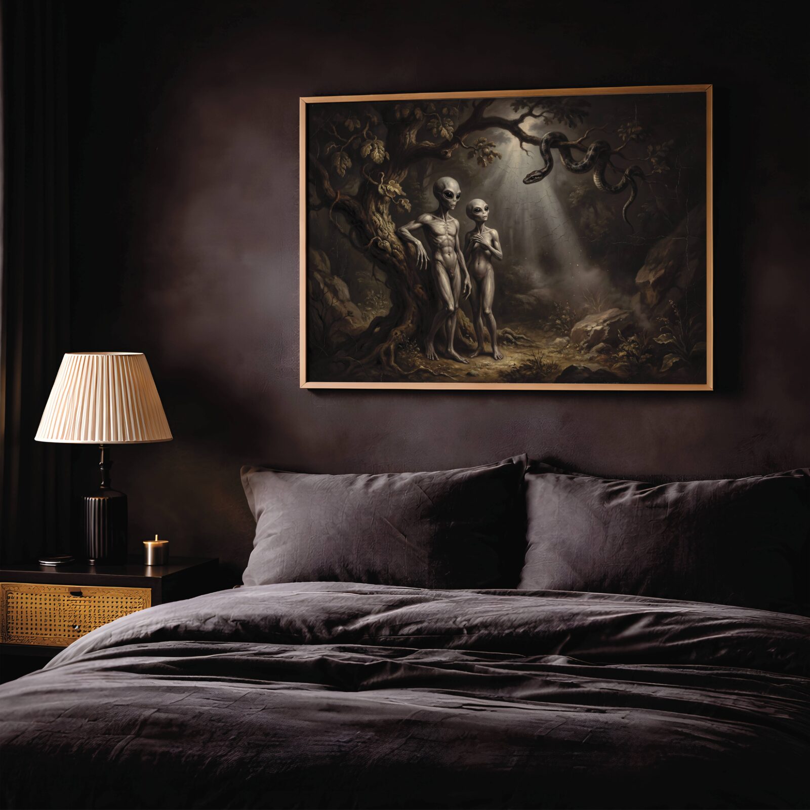 Atmospheric alien couple in a shadowy garden with glowing light and serpent, dark tones – unframed bedroom wall poster, ufoposter.com