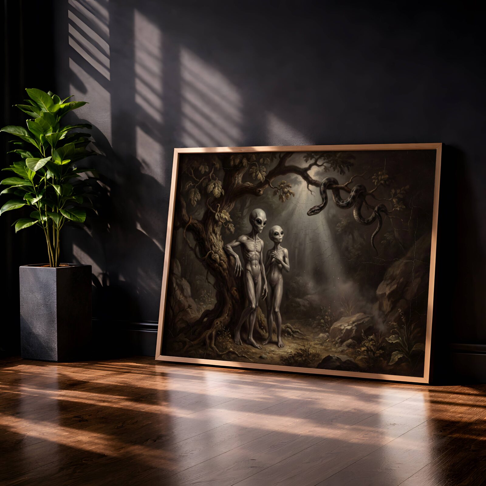 Dark conceptual painting reimagining the Garden of Eden with two grey aliens and a serpent in a misty forest, rendered in old master style – unframed UFO and alien wall poster, ufoposter.com