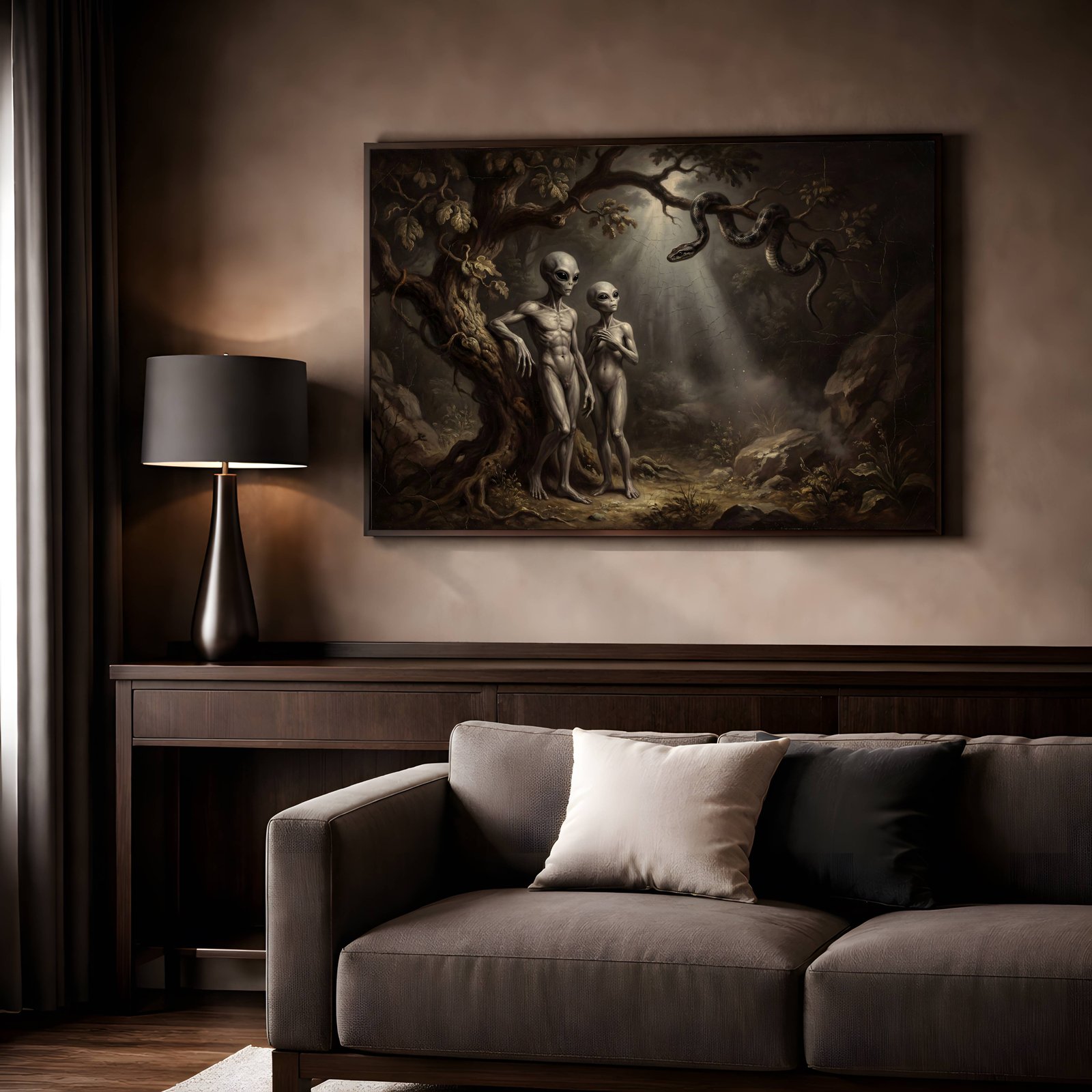 Eerie realist painting of alien figures in a dark Eden-like forest with dramatic light rays and a snake coiled in branches – unframed wall poster for living room, ufoposter.com