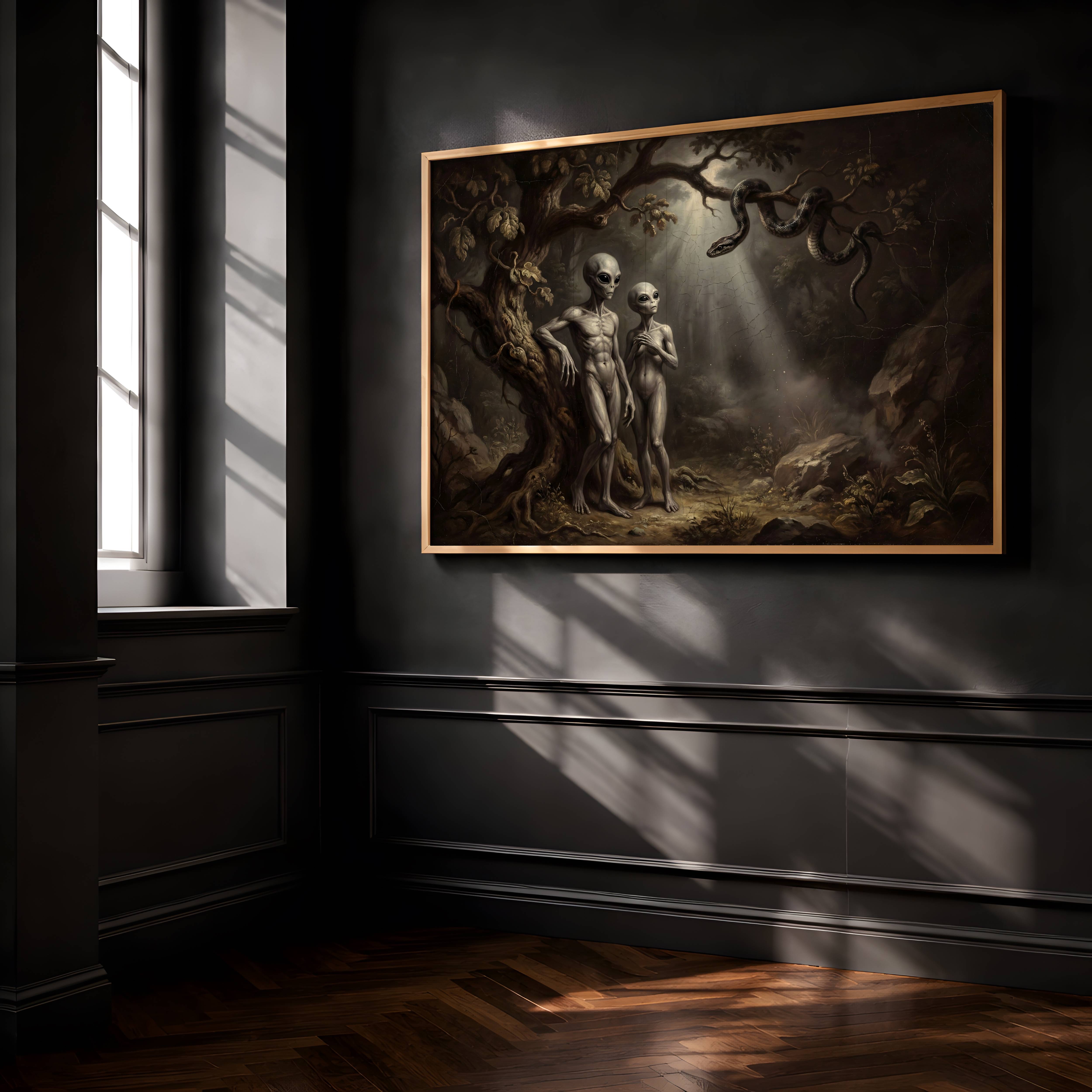 Dark sci-fi painting of two grey aliens standing in a mysterious garden with a serpent in a tree – unframed wall art poster for living room decor, ufoposter.com