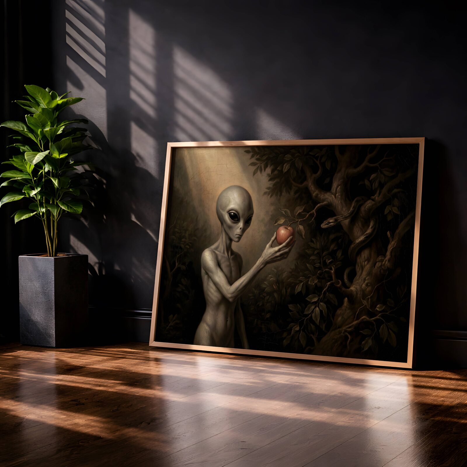 Thought-provoking dark painting blending Genesis mythology with sci-fi, showing a grey alien offering the forbidden fruit beneath a serpent-filled tree – unframed alien art poster, ufoposter.com
