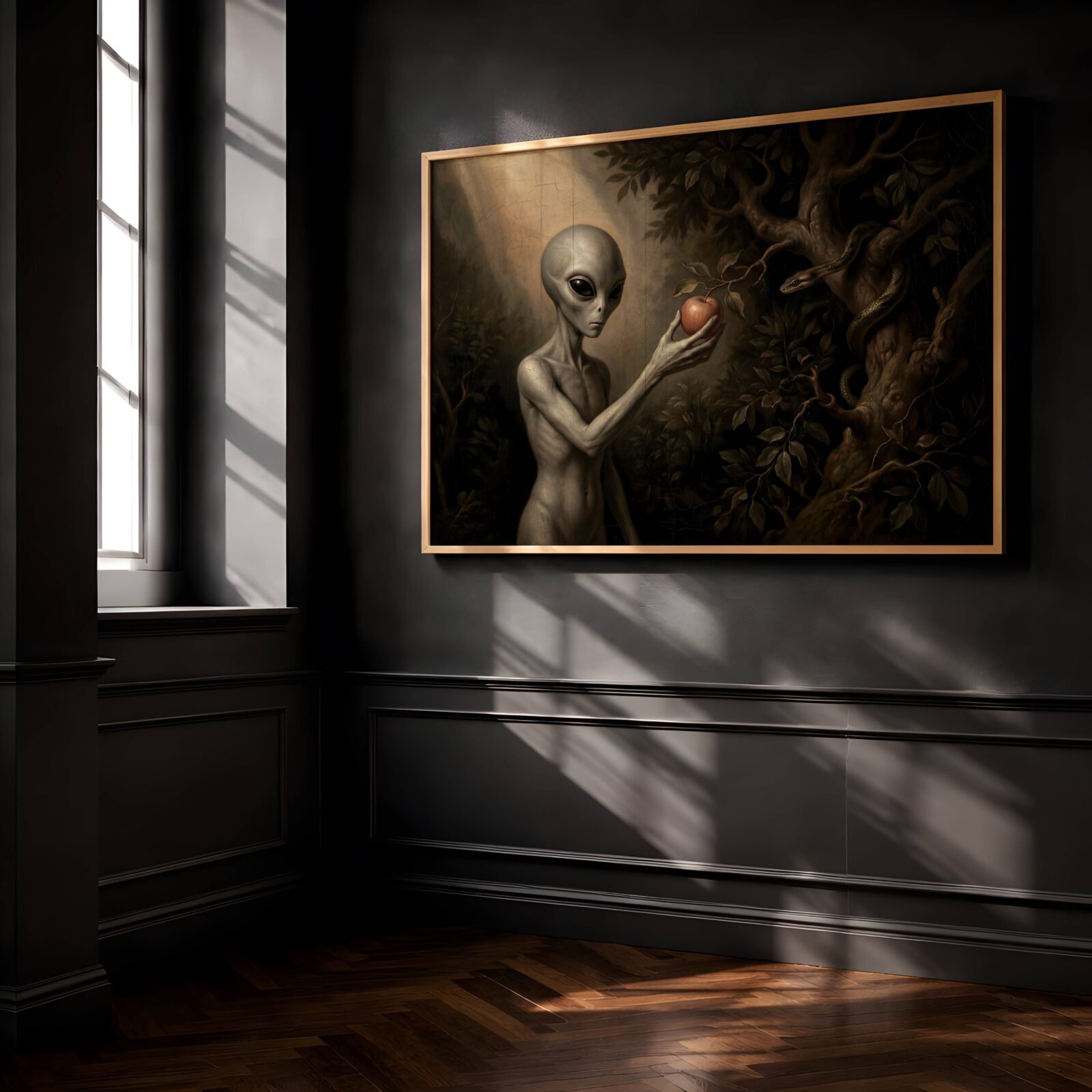 Dark conceptual painting reimagining the temptation of Eve with a grey alien and forbidden apple in a shadowy garden, rendered in baroque oil style – unframed alien wall poster, ufoposter.com