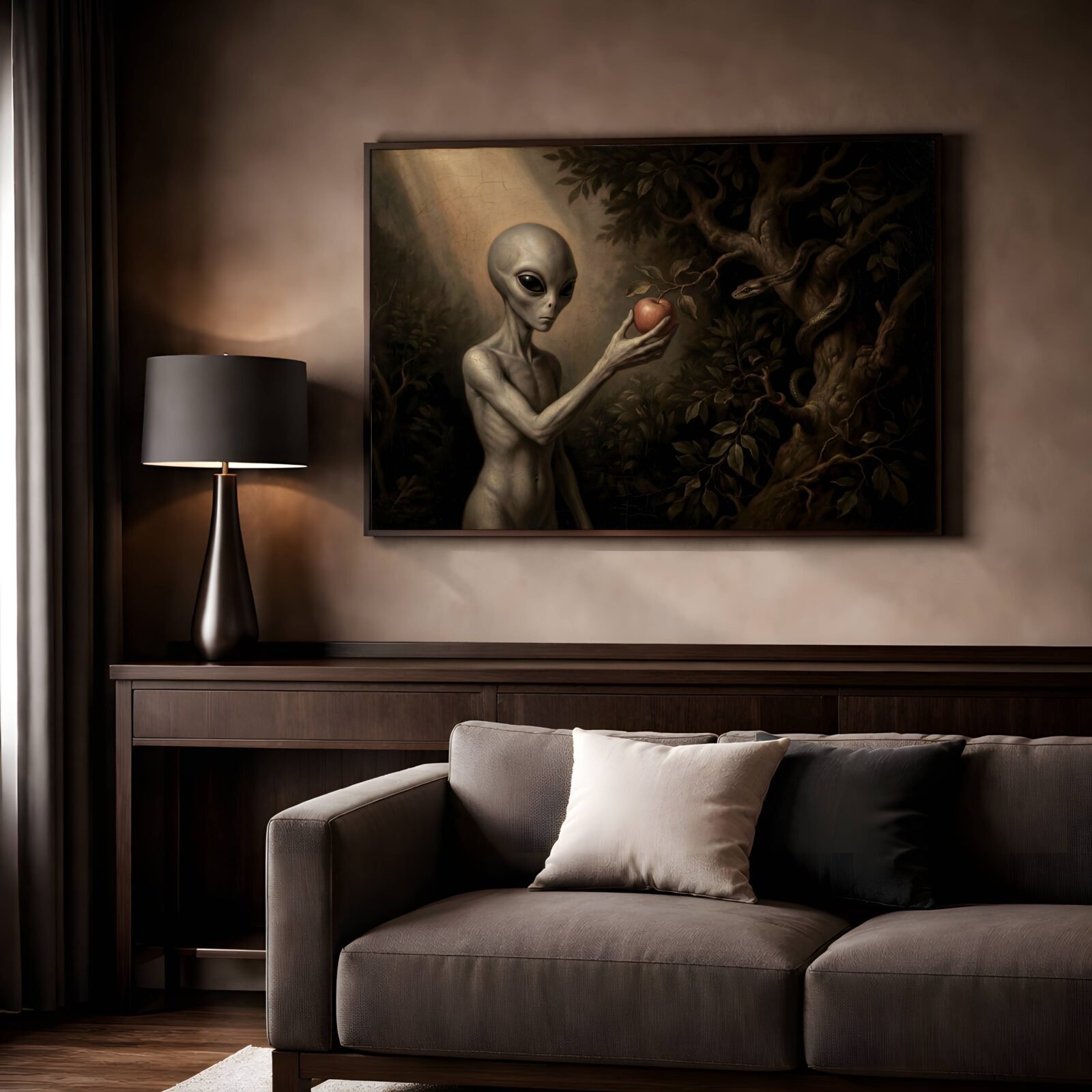 Dark oil-style painting of a grey alien holding a red apple beside a serpent-coiled tree in a shadowy garden – unframed wall art poster for living room decor, ufoposter.com