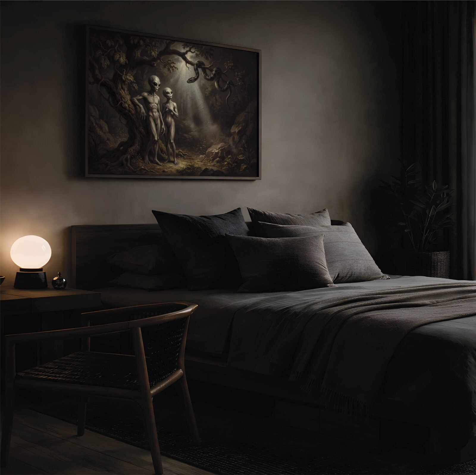 Mysterious oil-style artwork depicting two grey aliens in a gothic Eden scene with twisting trees and a serpent – unframed dark fantasy poster for bedroom, ufoposter.com