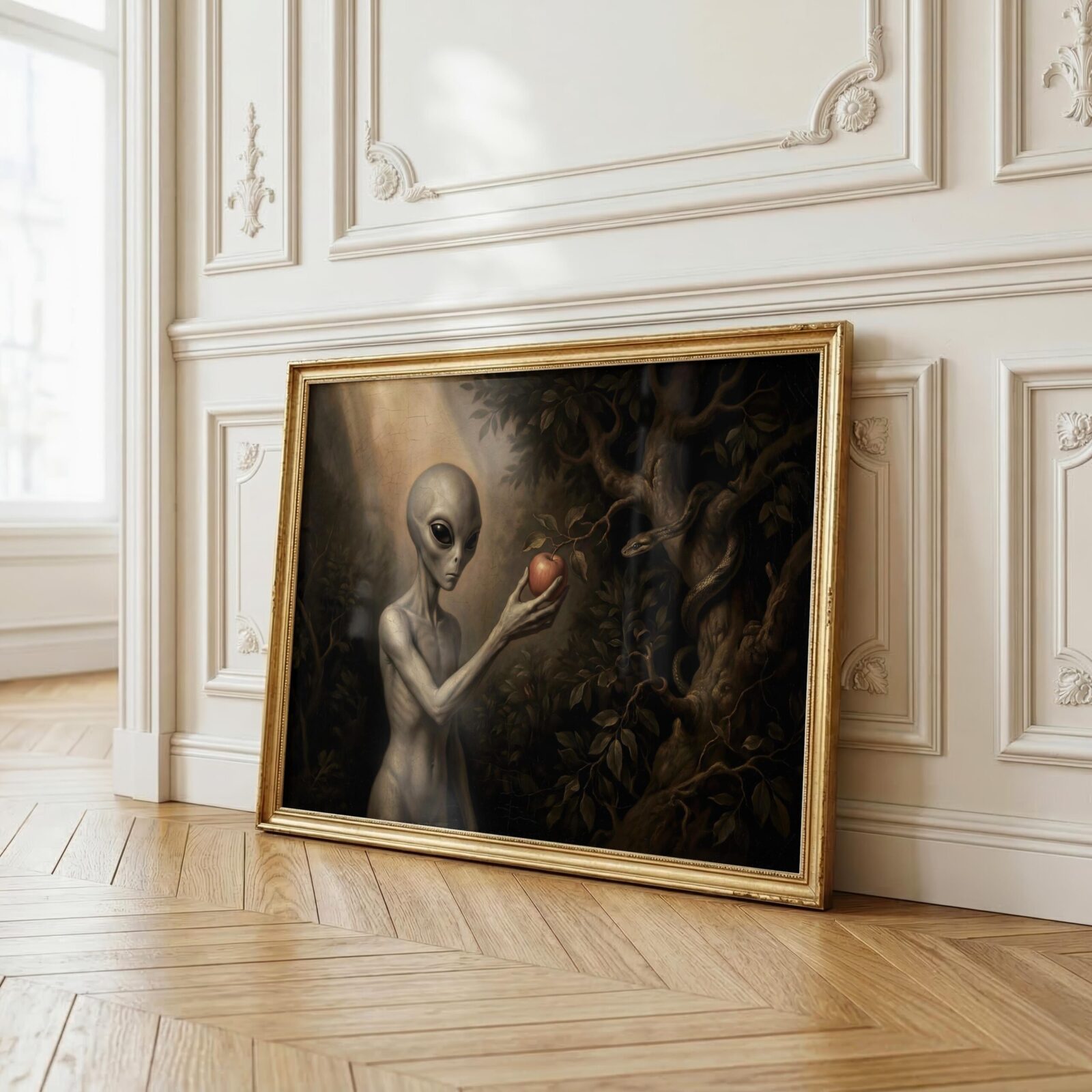 Ancient alien art print — renaissance Eve as grey alien with forbidden fruit in atmospheric dark garden