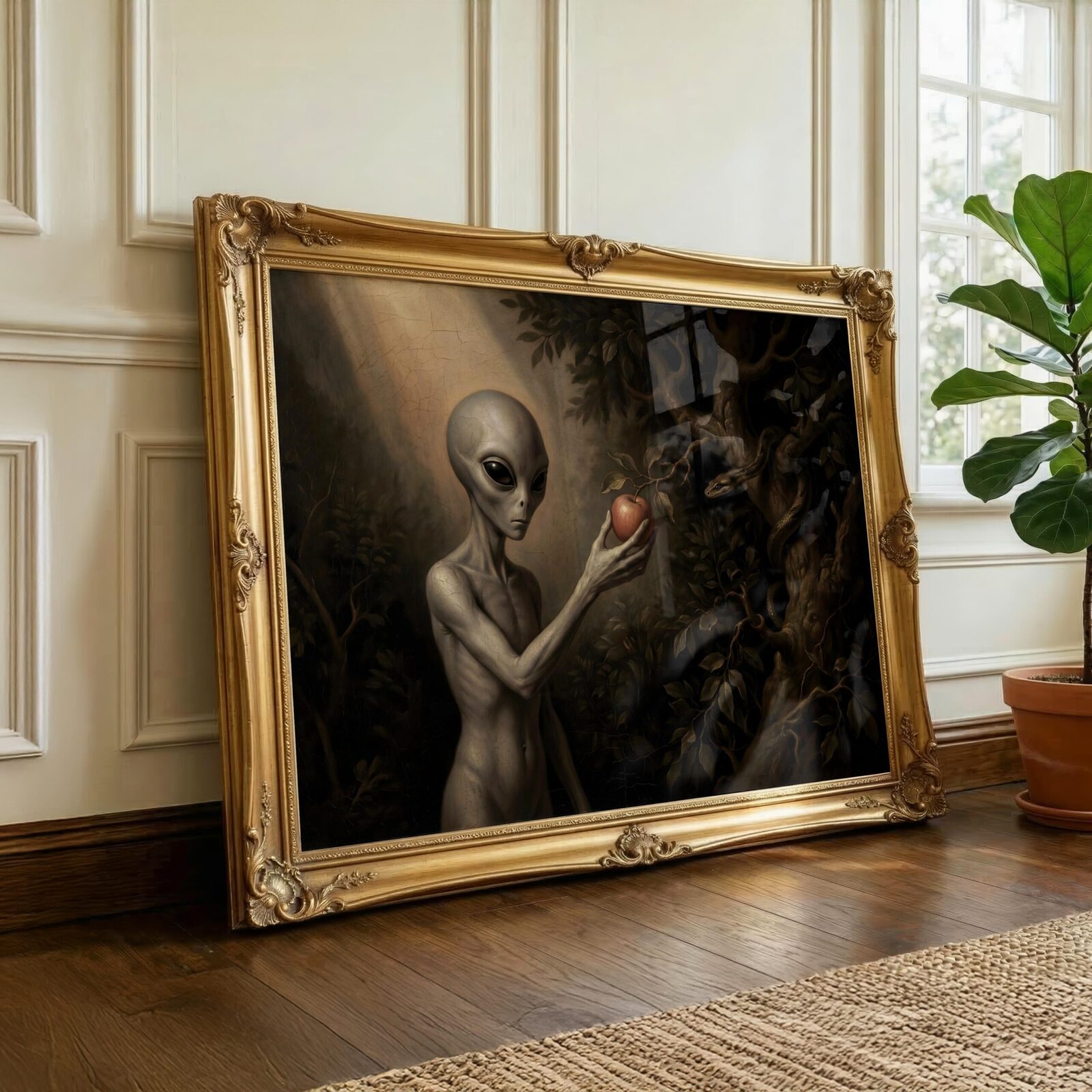 Surreal religious art print — grey alien Eve with red apple and serpent coiling in ancient tree