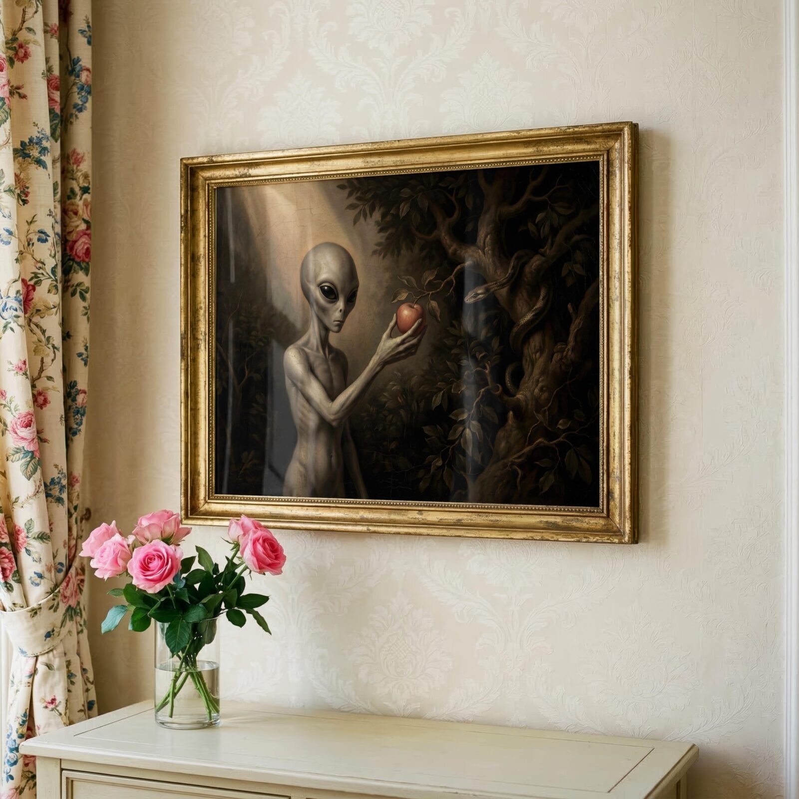 Biblical UFO wall art — Old Master style alien Eve holding forbidden fruit in dark Garden of Eden