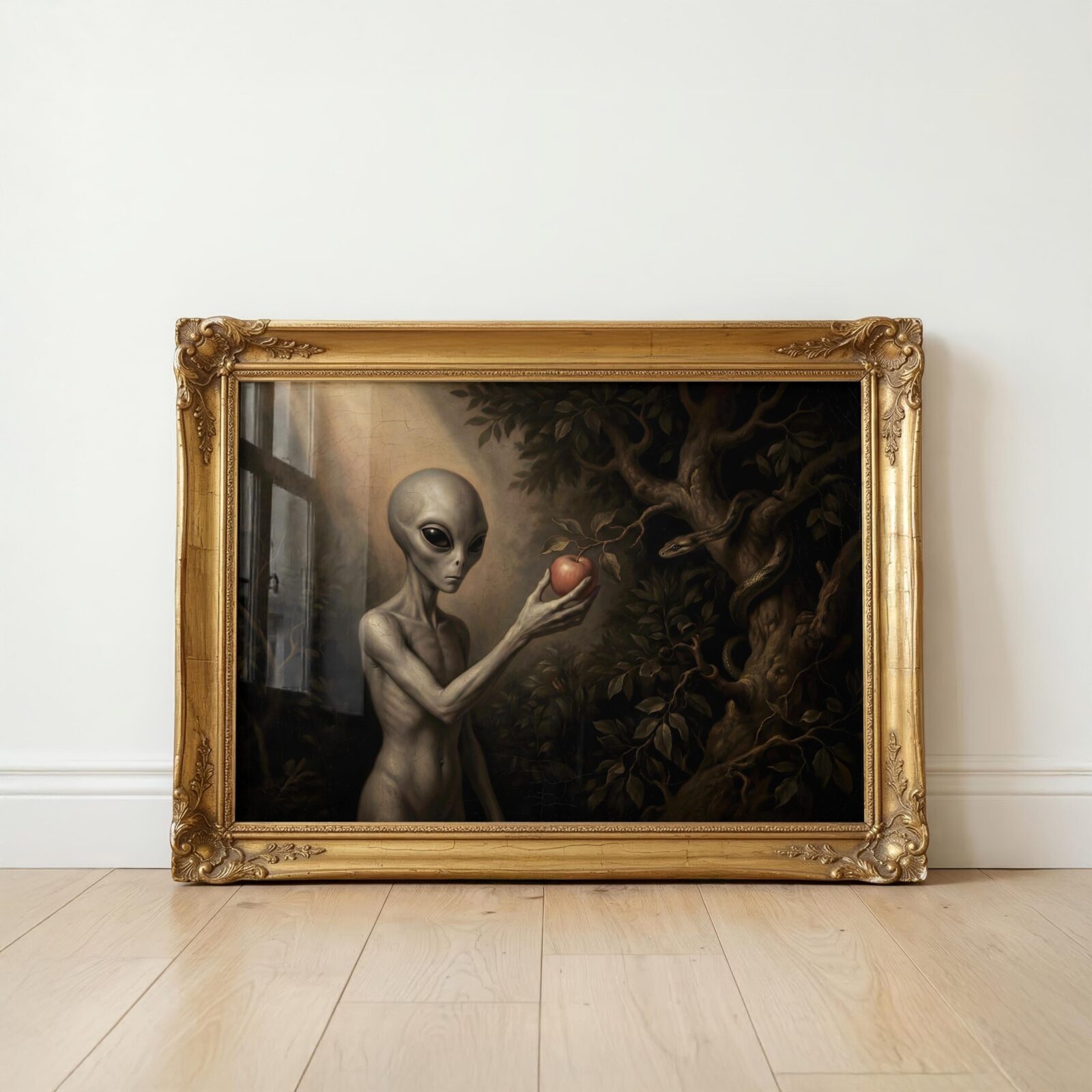 Dark renaissance art print — Eve reimagined as grey alien figure with red apple and coiling snake