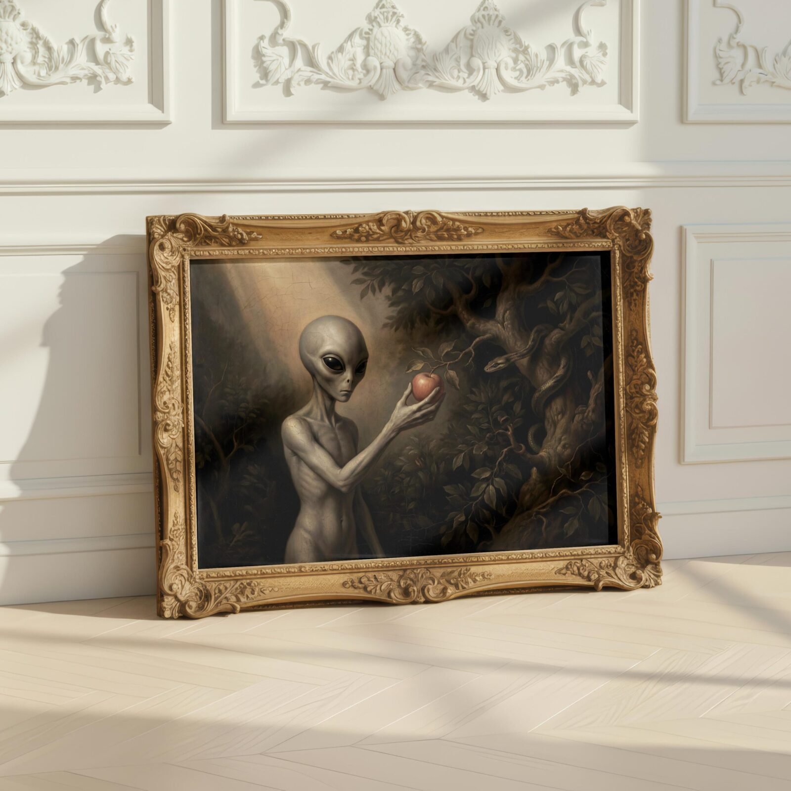 Eve biblical UFO art print — dark renaissance painting with grey alien holding forbidden fruit and serpent