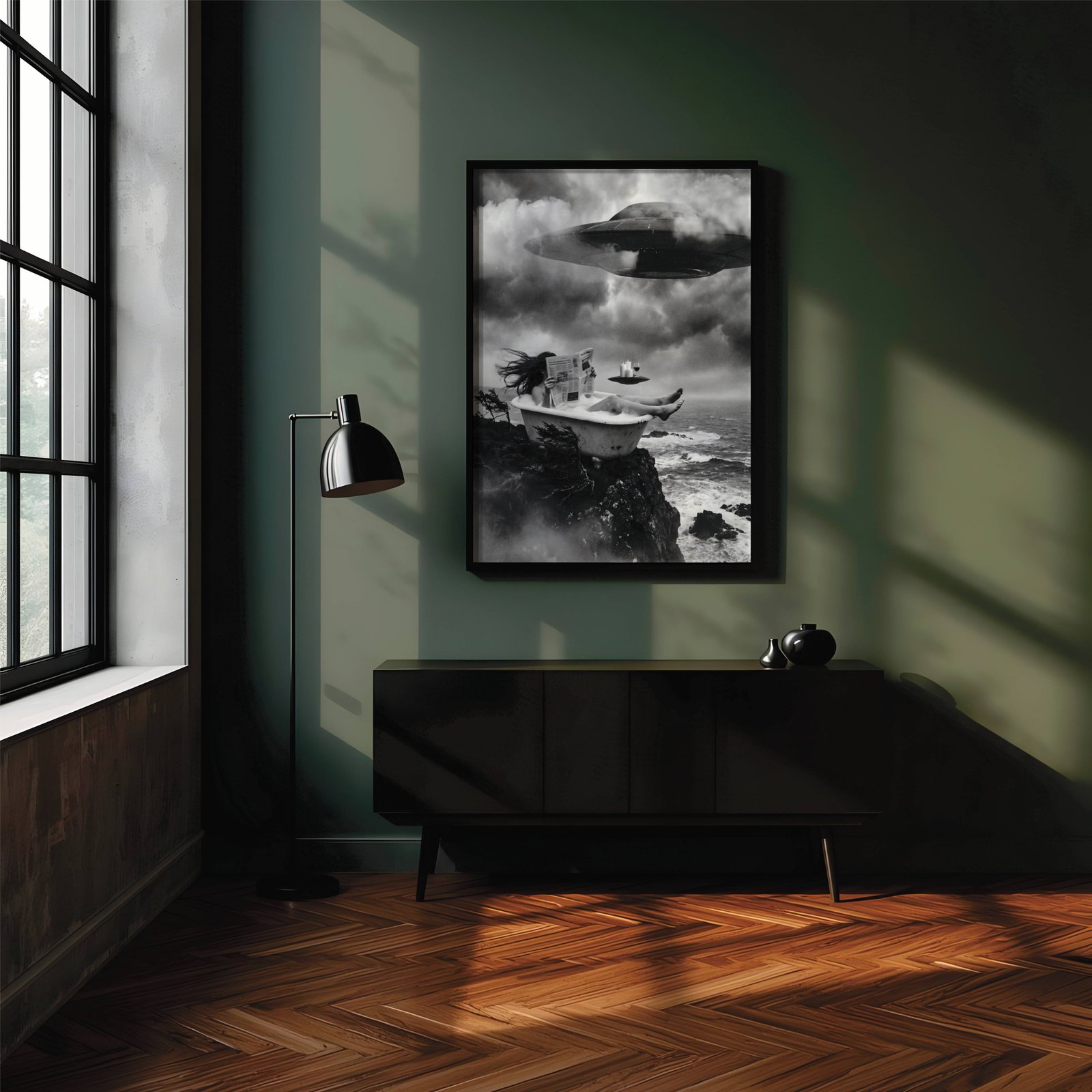 Striking black and white surreal painting of a woman in a freestanding bathtub on a rocky cliff with a hovering UFO and crashing waves below – unframed sci-fi wall poster, ufoposter.com