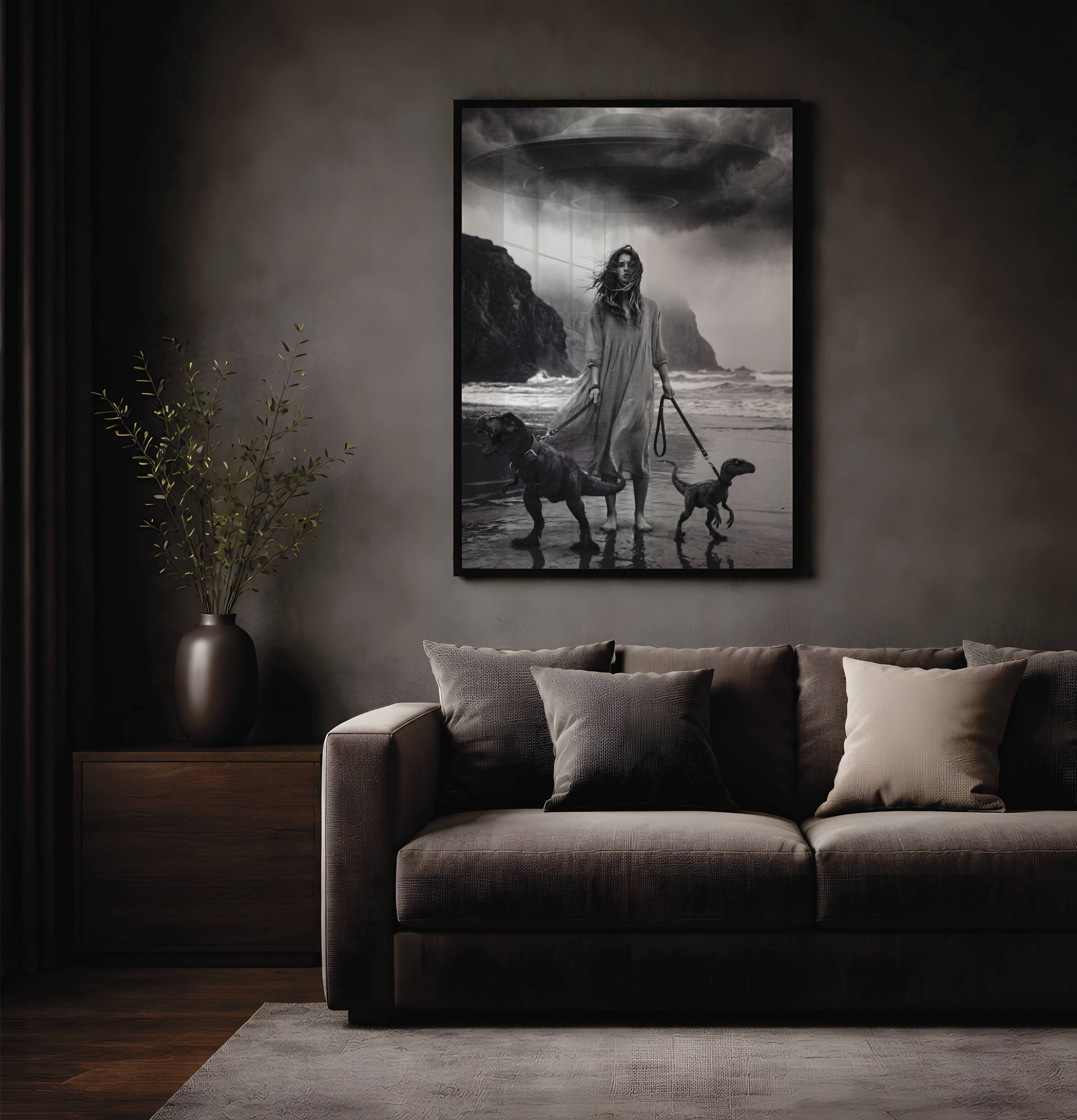 Morning Walk - Surreal Black and White UFO Woman Art Print - Image 11