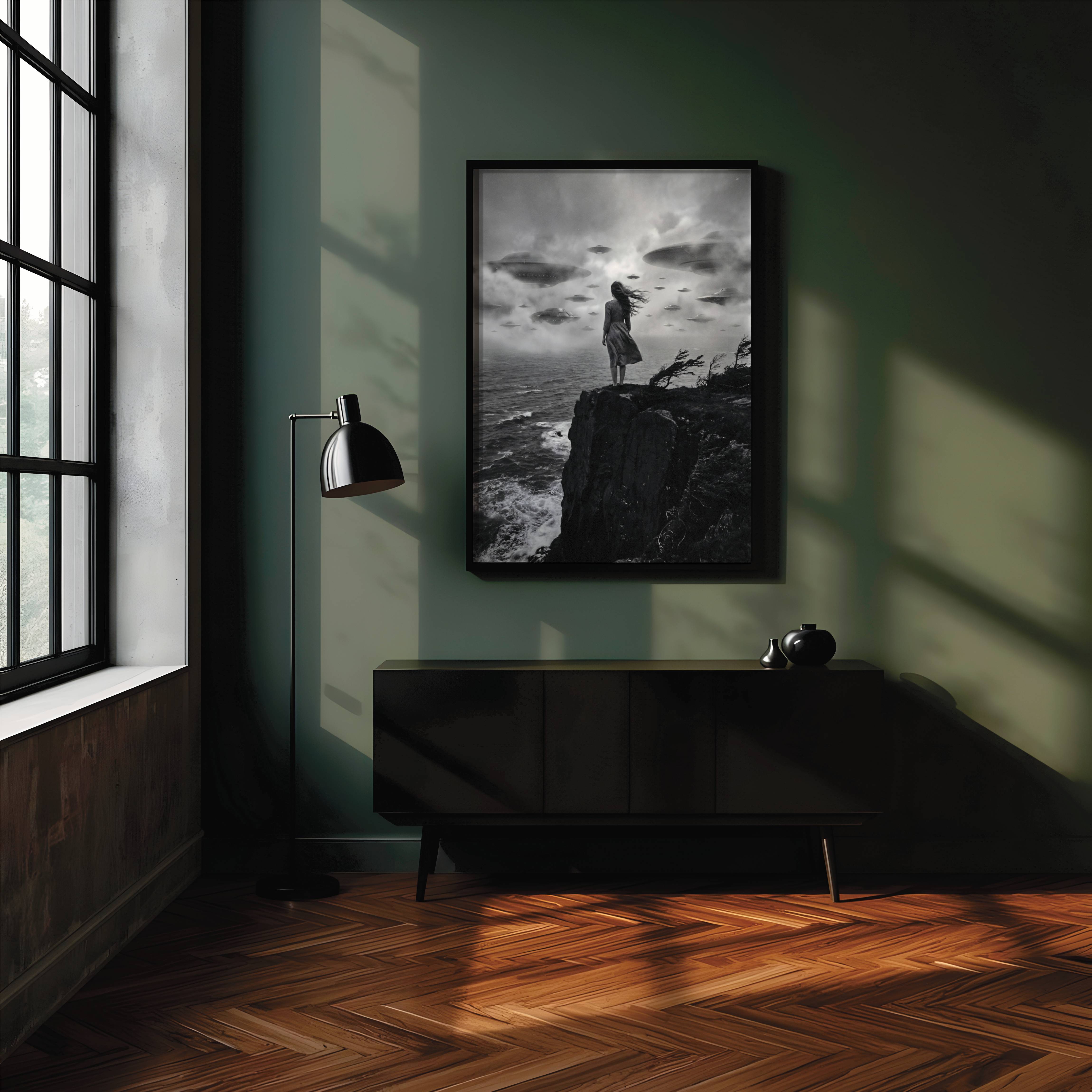 The Fleet - Surreal Black and White UFO Woman Art Print - Image 6