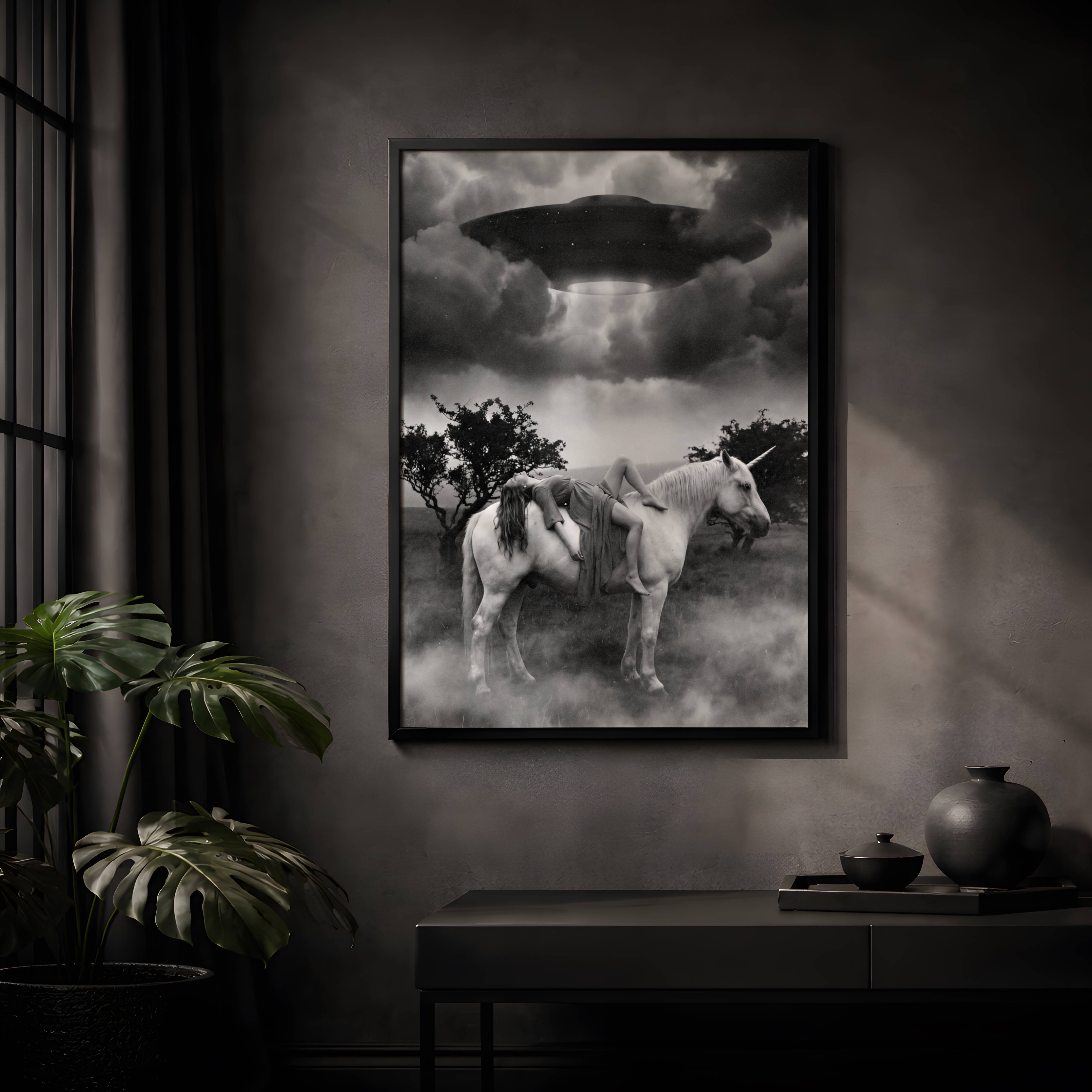 Haunting dark surreal painting blending fantasy and sci-fi with a woman draped over a unicorn beneath a looming UFO in a fog-filled night landscape – unframed dark fantasy poster for bedroom, ufoposter.com