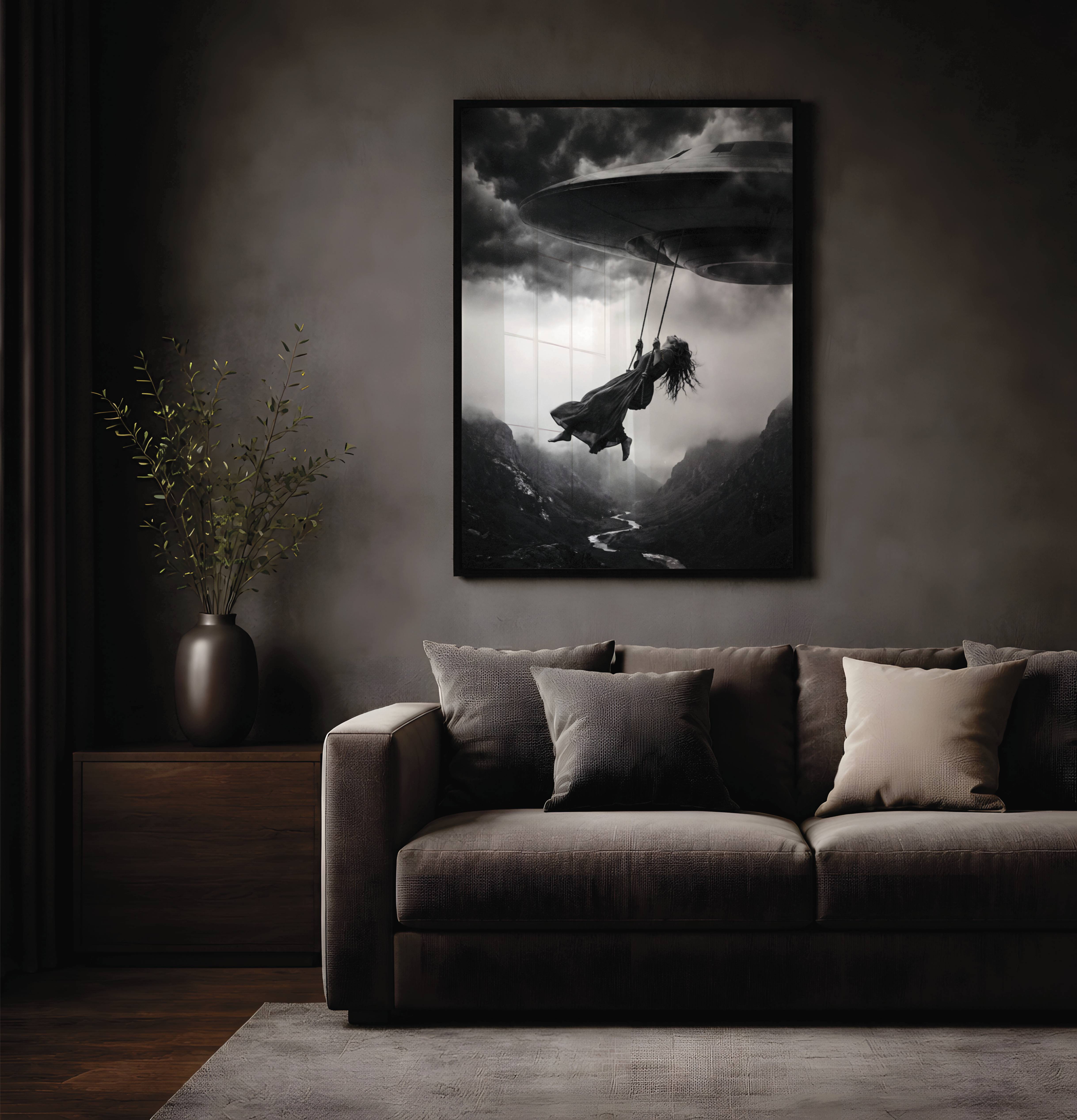 Moody cinematic painting of a windswept woman clinging to a swing suspended beneath a low-hovering UFO above a dramatic mountain landscape – unframed living room wall poster, ufoposter.com
