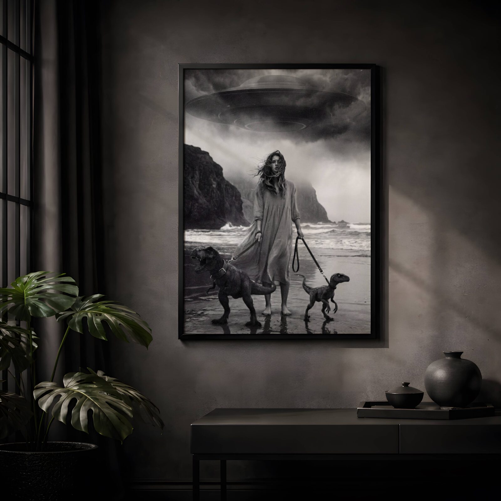 Morning Walk - Surreal Black and White UFO Woman Art Print - Image 6