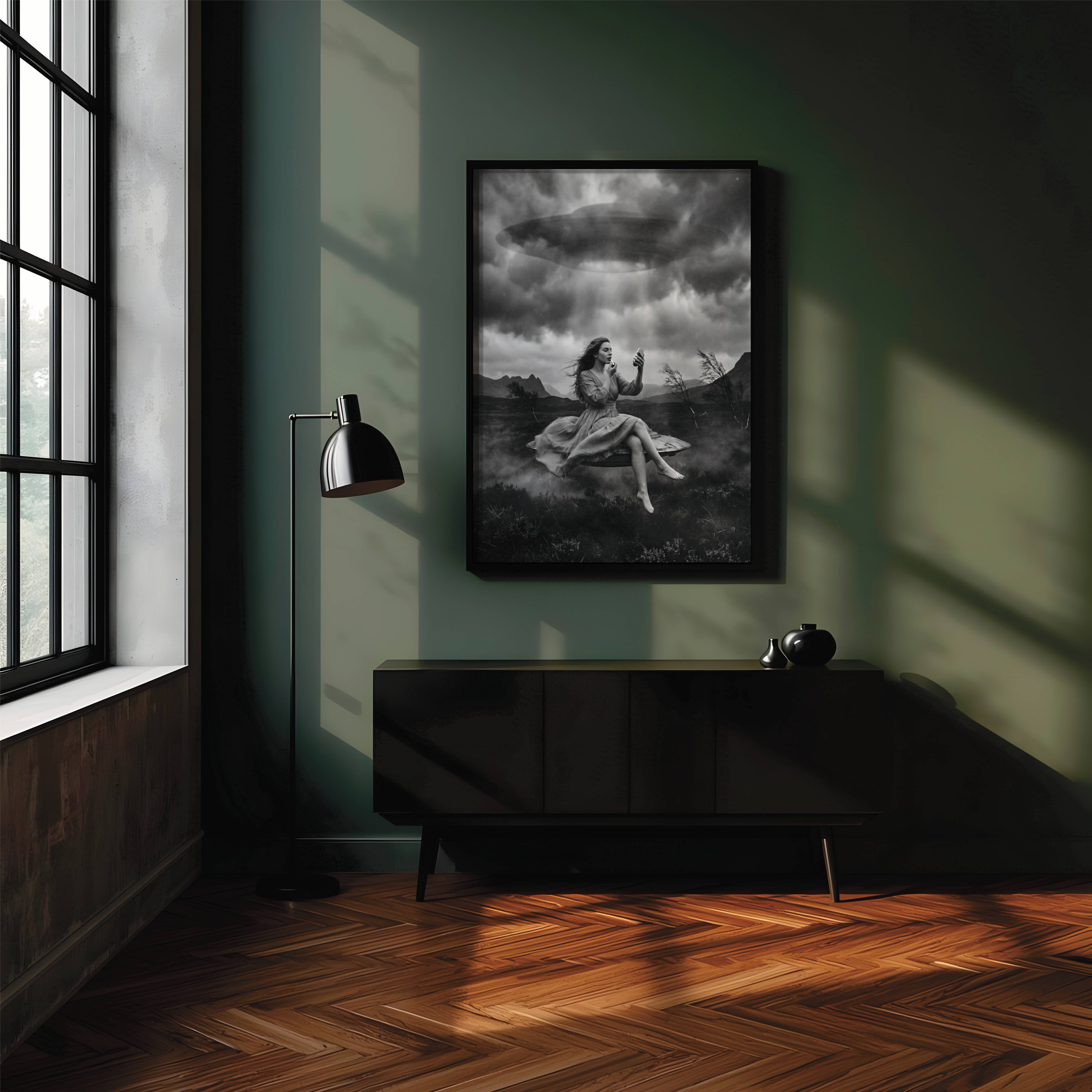 Striking black and white artwork depicting a woman floating upward in a billowing dress beneath a hovering UFO in stormy skies – unframed sci-fi wall poster, ufoposter.com
